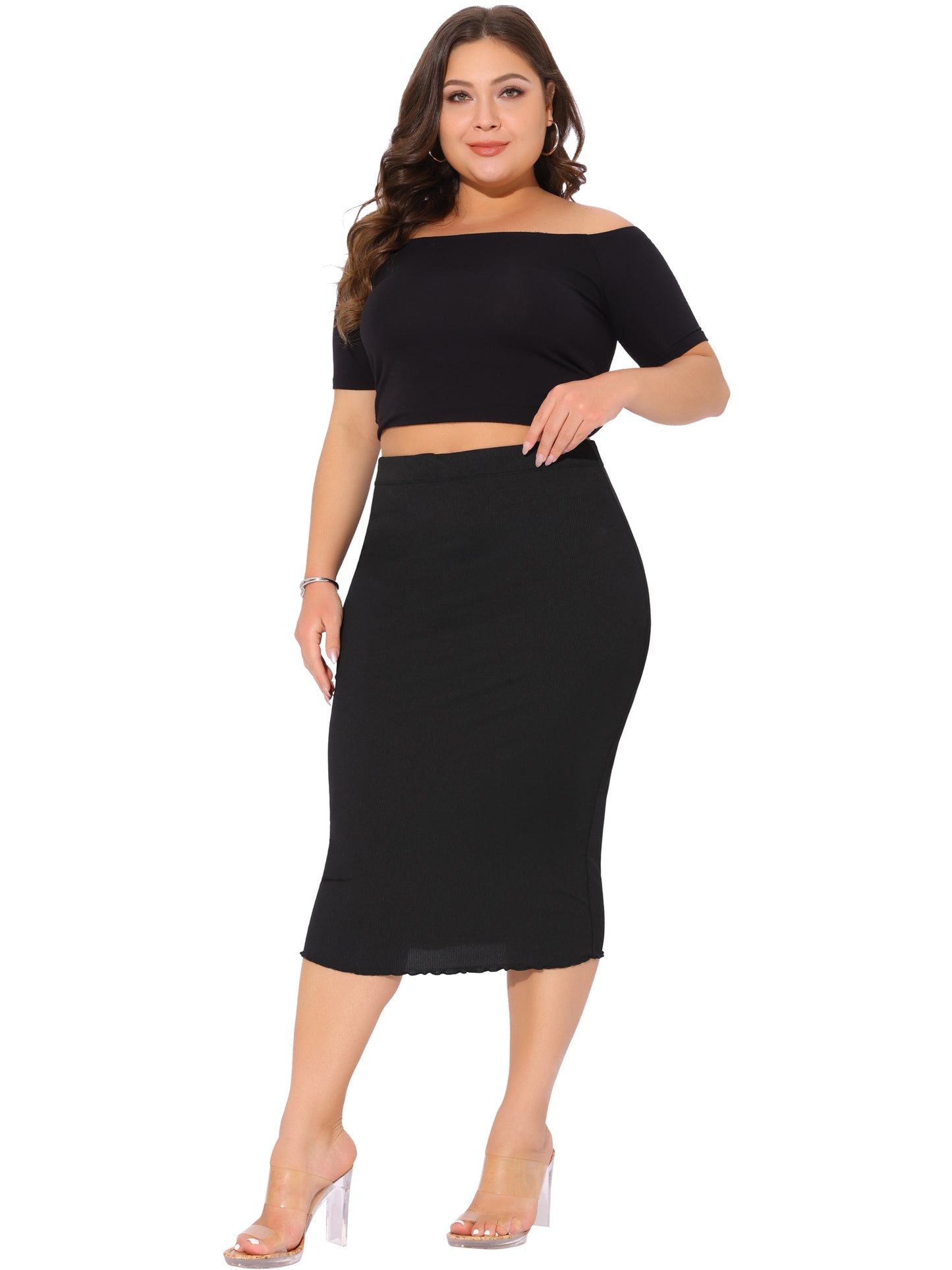 Faldas de talla grande para mujer, elásticas, de cintura alta, texturizadas, ajustadas, para oficina, falda lápiz midi