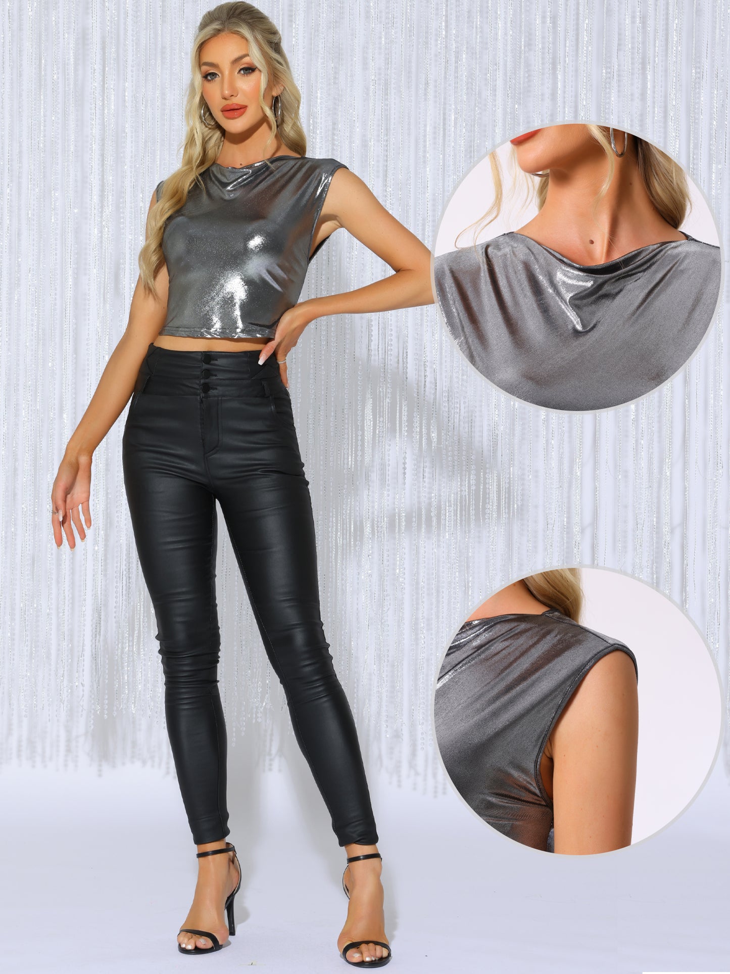 Women's Shiny Tank Top Sleeveless Party Club Metallic Top