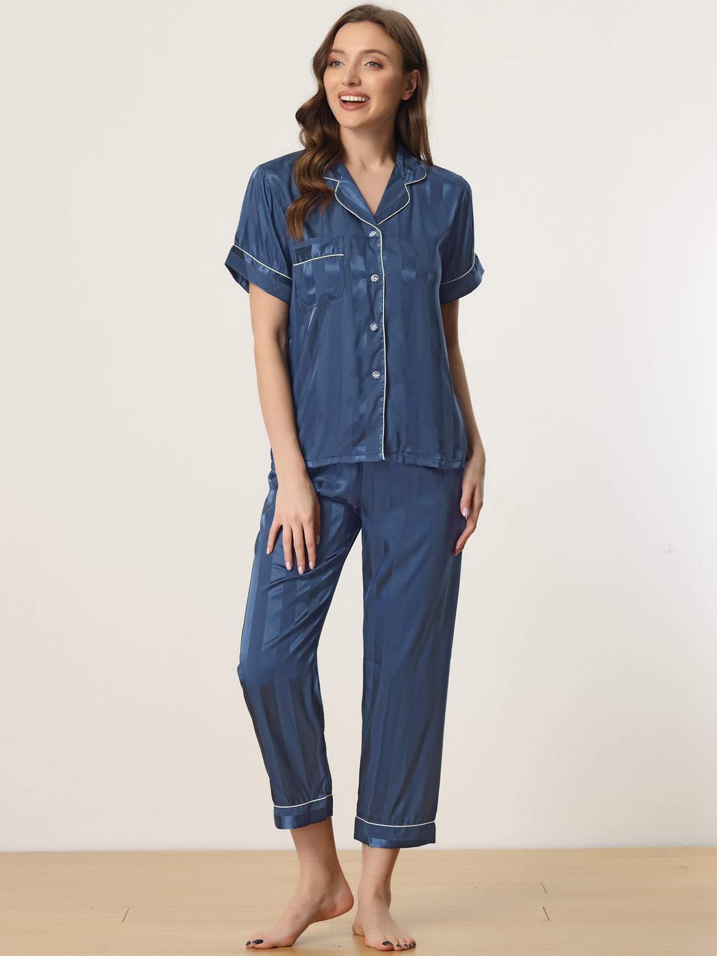 Women's Satin Button Down Sleepwear Striped Short Sleeve Long Pants Silky Pajama Set
