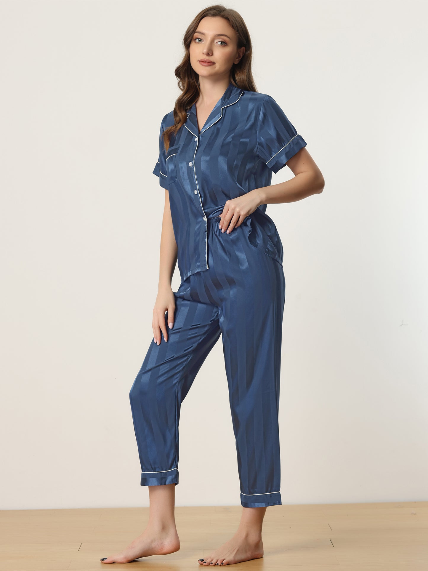 Women's Satin Button Down Sleepwear Striped Short Sleeve Long Pants Silky Pajama Set