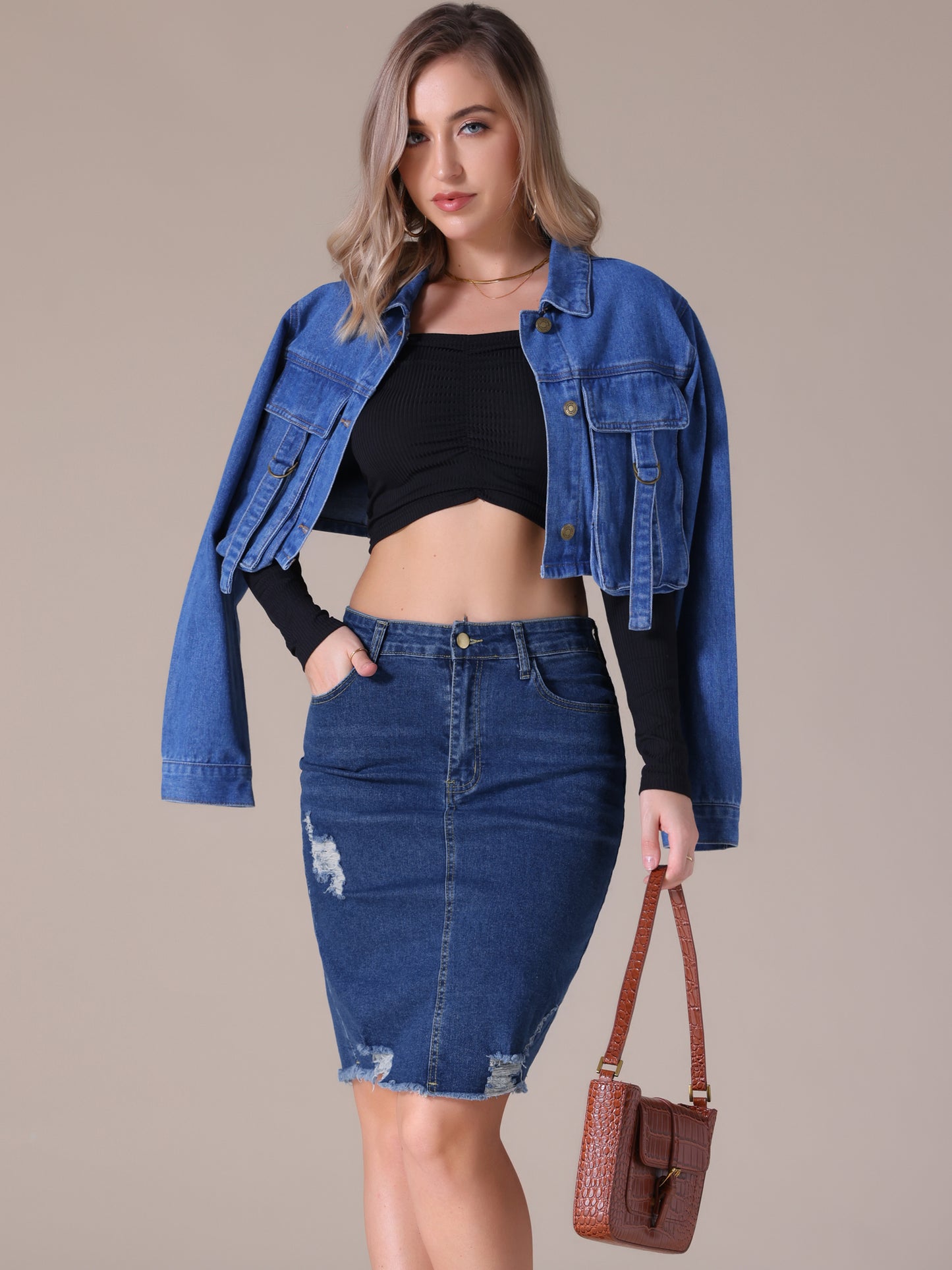 Women's Stretchy Denim High Waisted Raw Hem Above the Knee Pencil Skirt