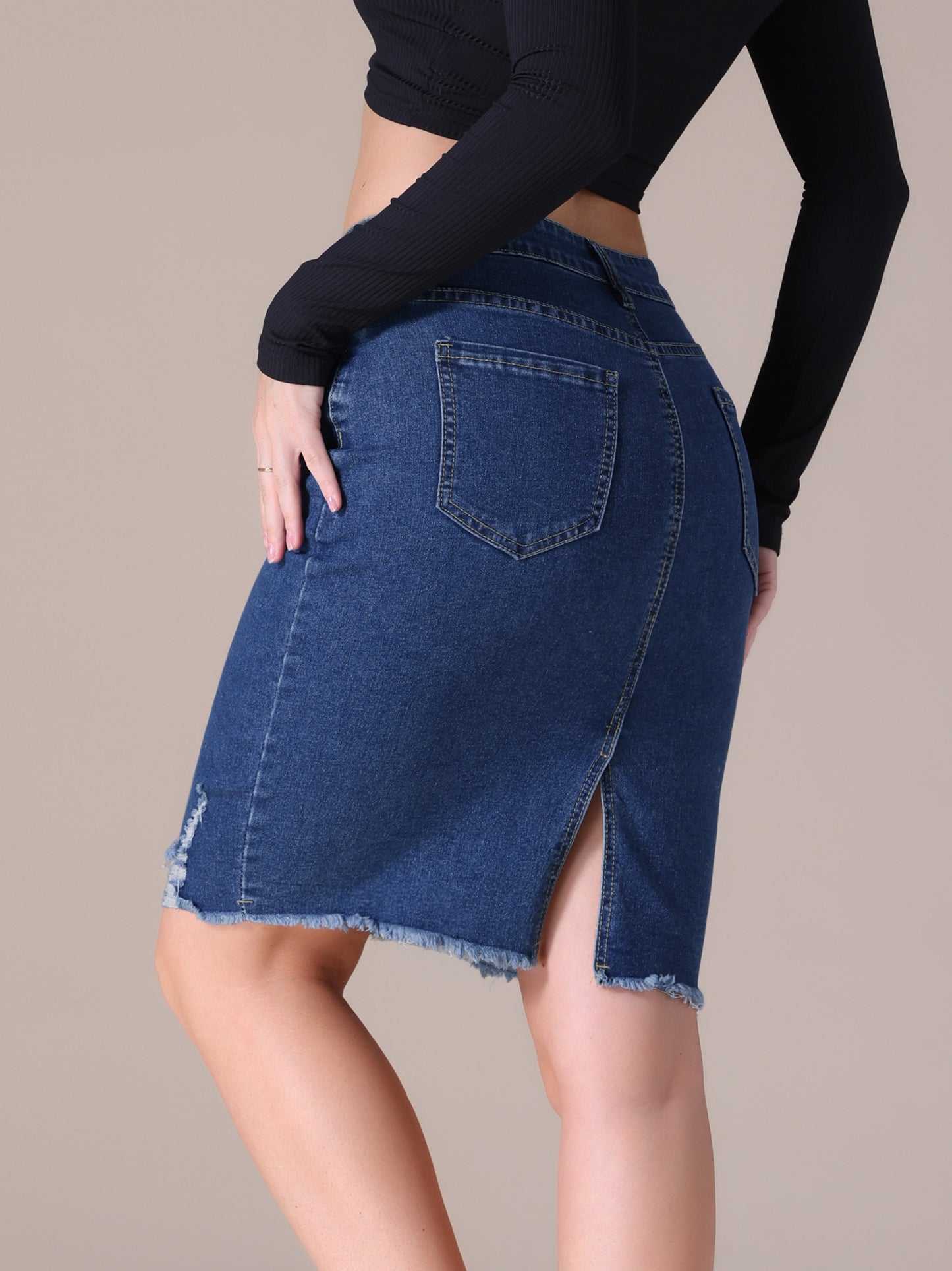 Women's Stretchy Denim High Waisted Raw Hem Above the Knee Pencil Skirt