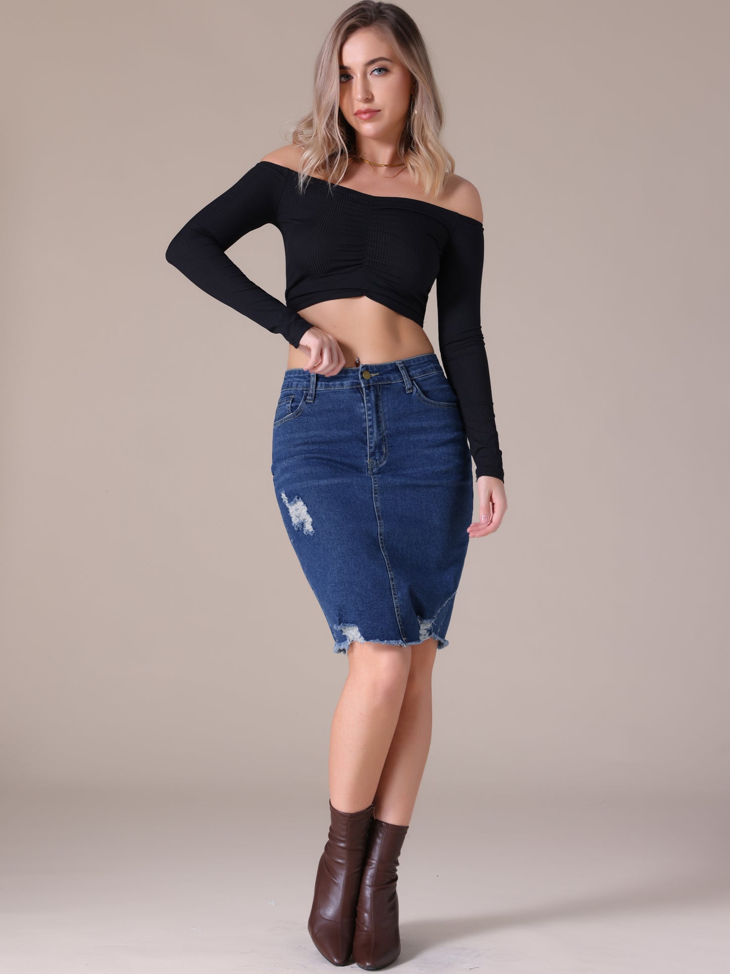 Women's Stretchy Denim High Waisted Raw Hem Above the Knee Pencil Skirt