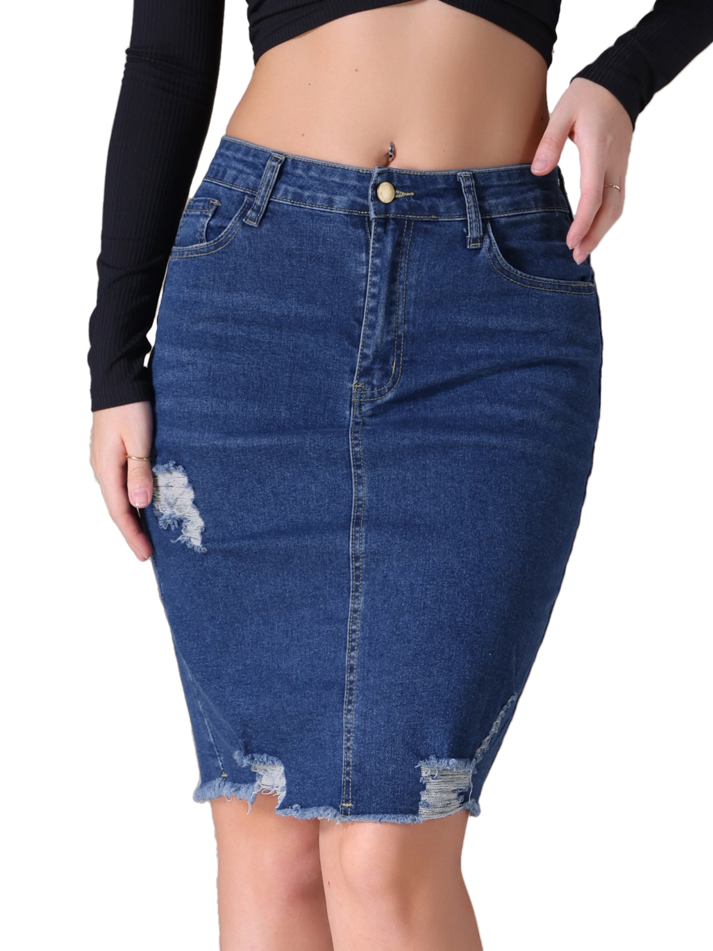 Women's Stretchy Denim High Waisted Raw Hem Above the Knee Pencil Skirt