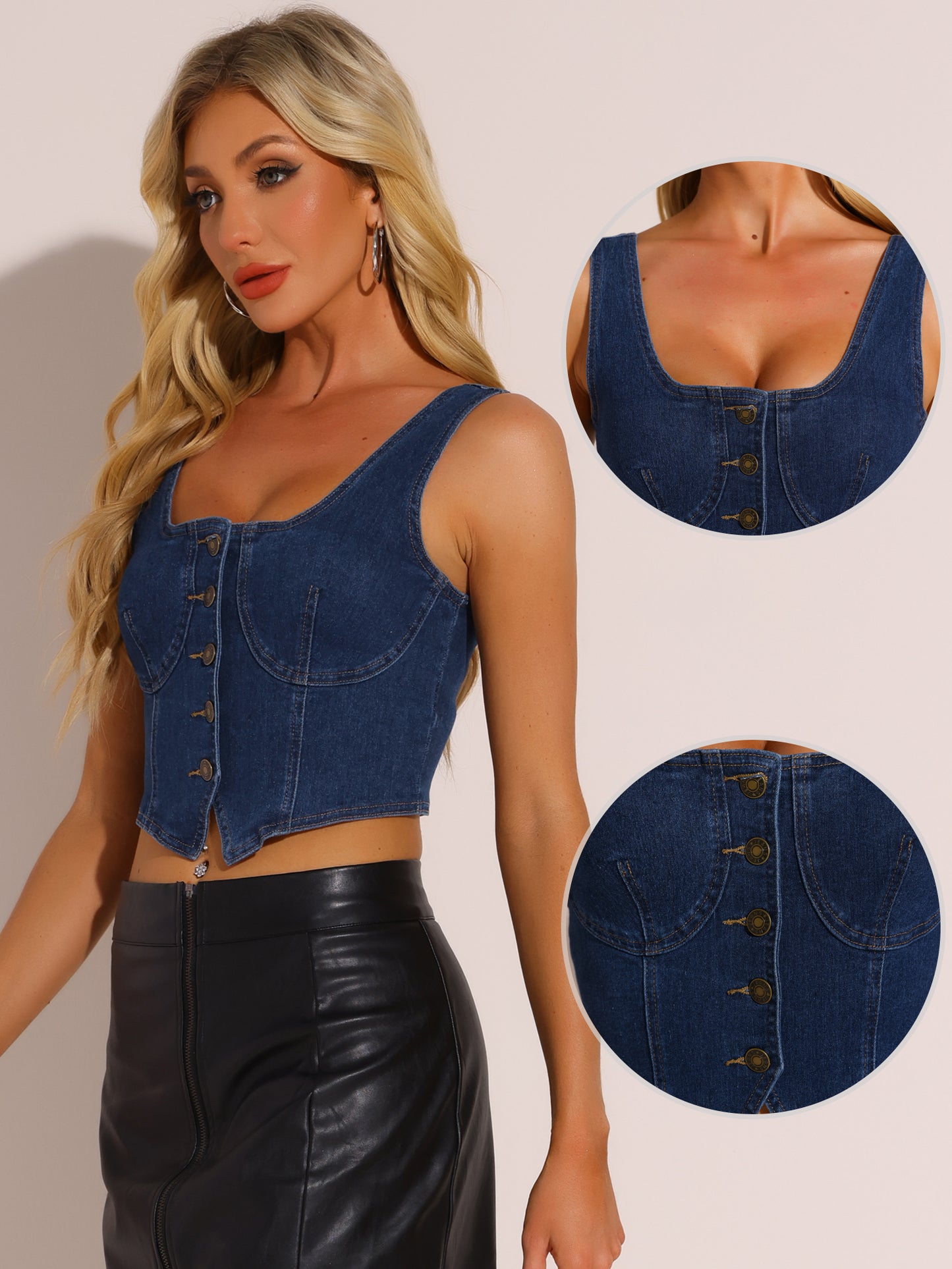 Women's Sleeveless Square Neck Button Down Jean Waistcoat Vest Denim Top