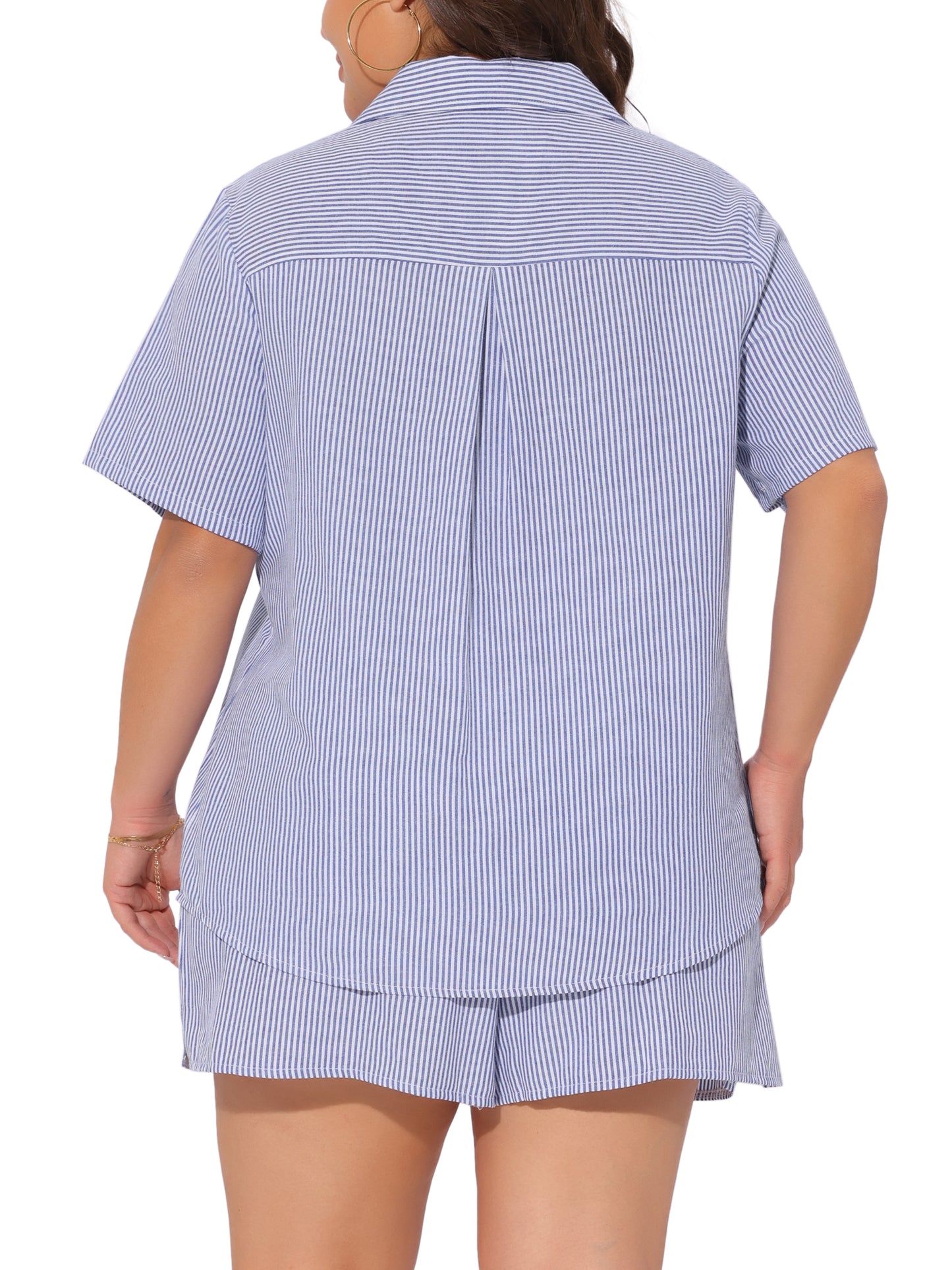 Conjunto de dos piezas de verano para mujer, talla grande, blusa a rayas con cuello abotonado y pantalones cortos