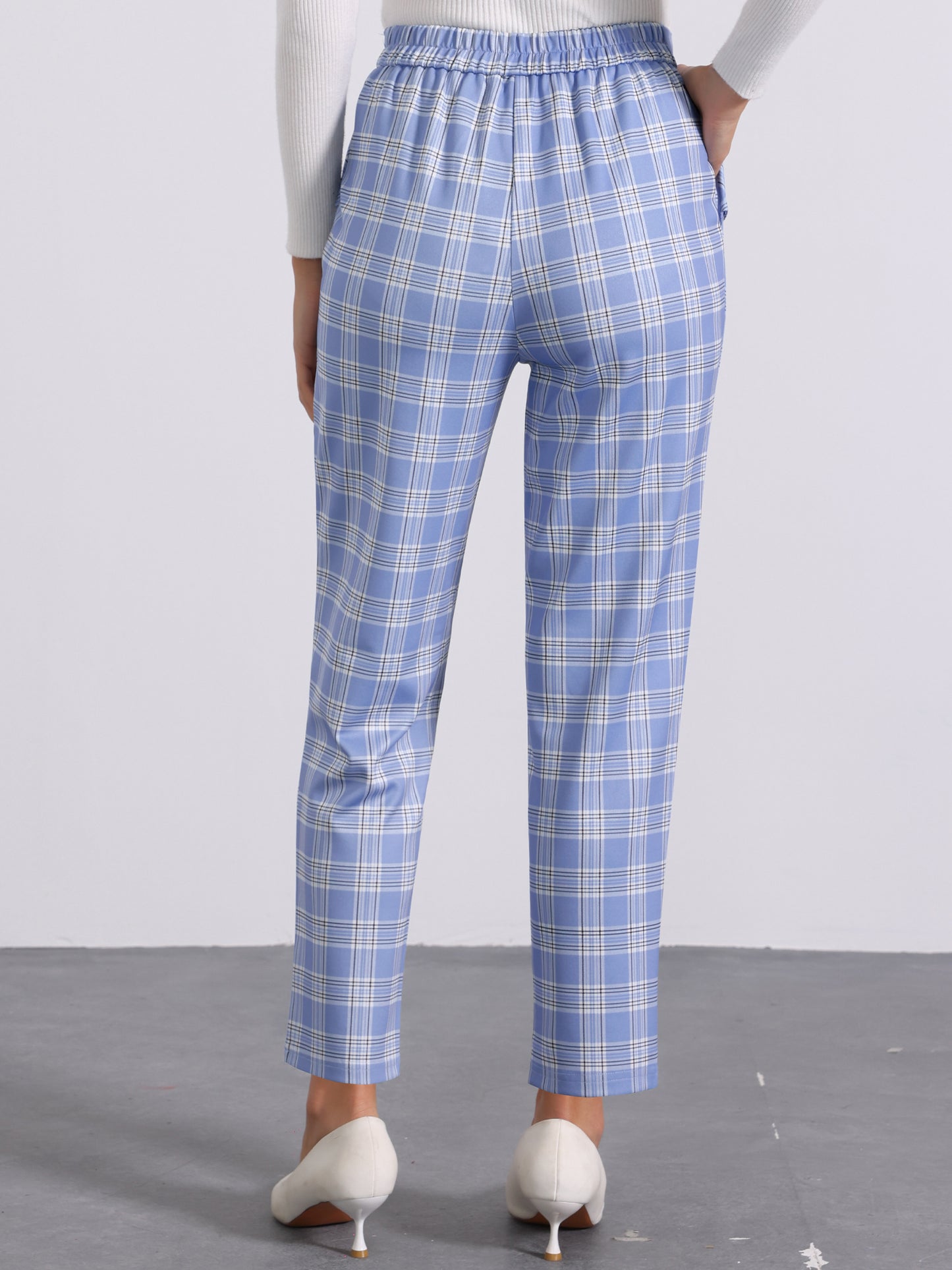 Women's Retro Tartan Plaid Pants Elastic Waist Straight Long Trousers