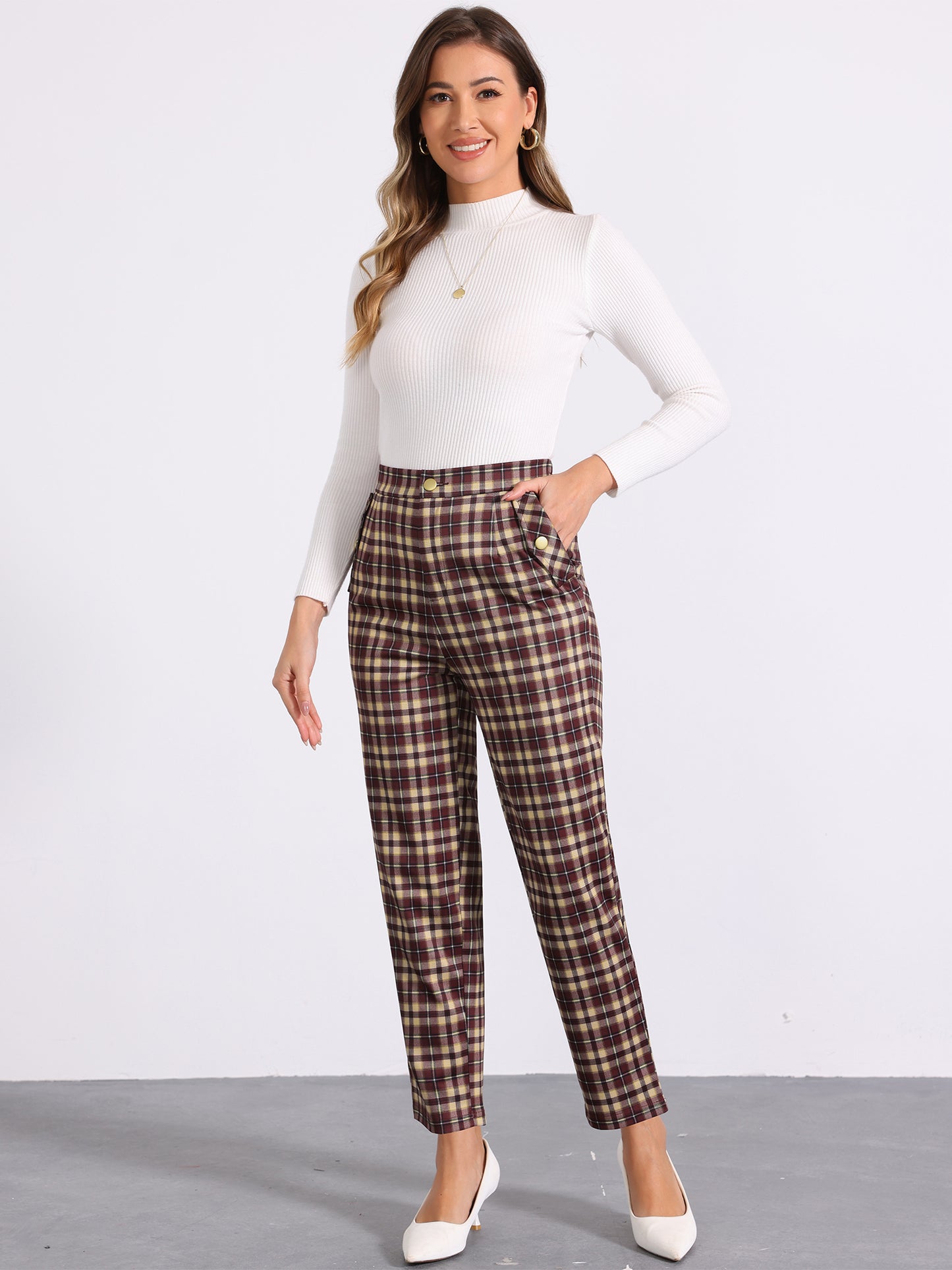 Women's Retro Tartan Plaid Pants Elastic Waist Straight Long Trousers