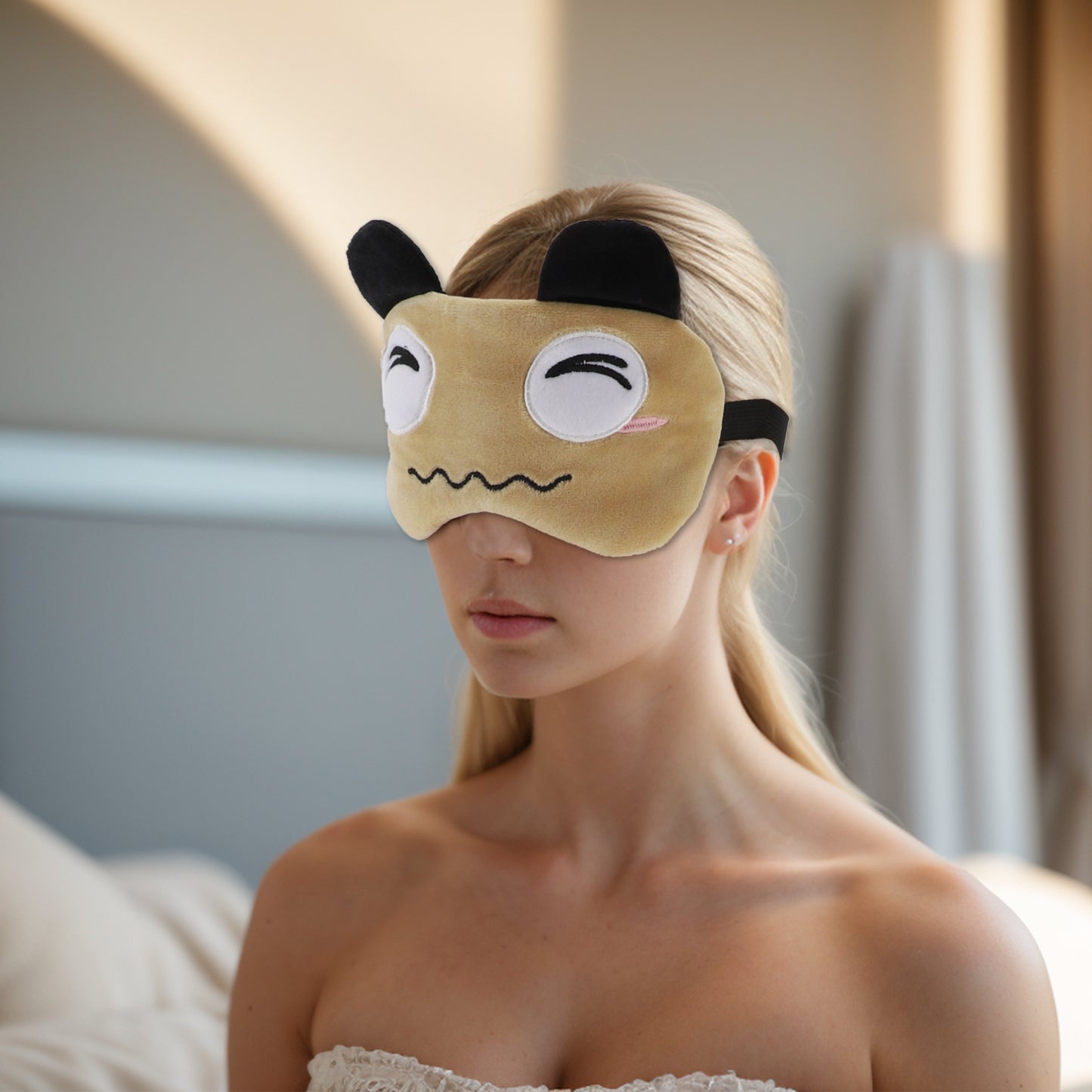 Soft Cartoon Squinting Eyes Sleep Eye Mask for Travel Khaki