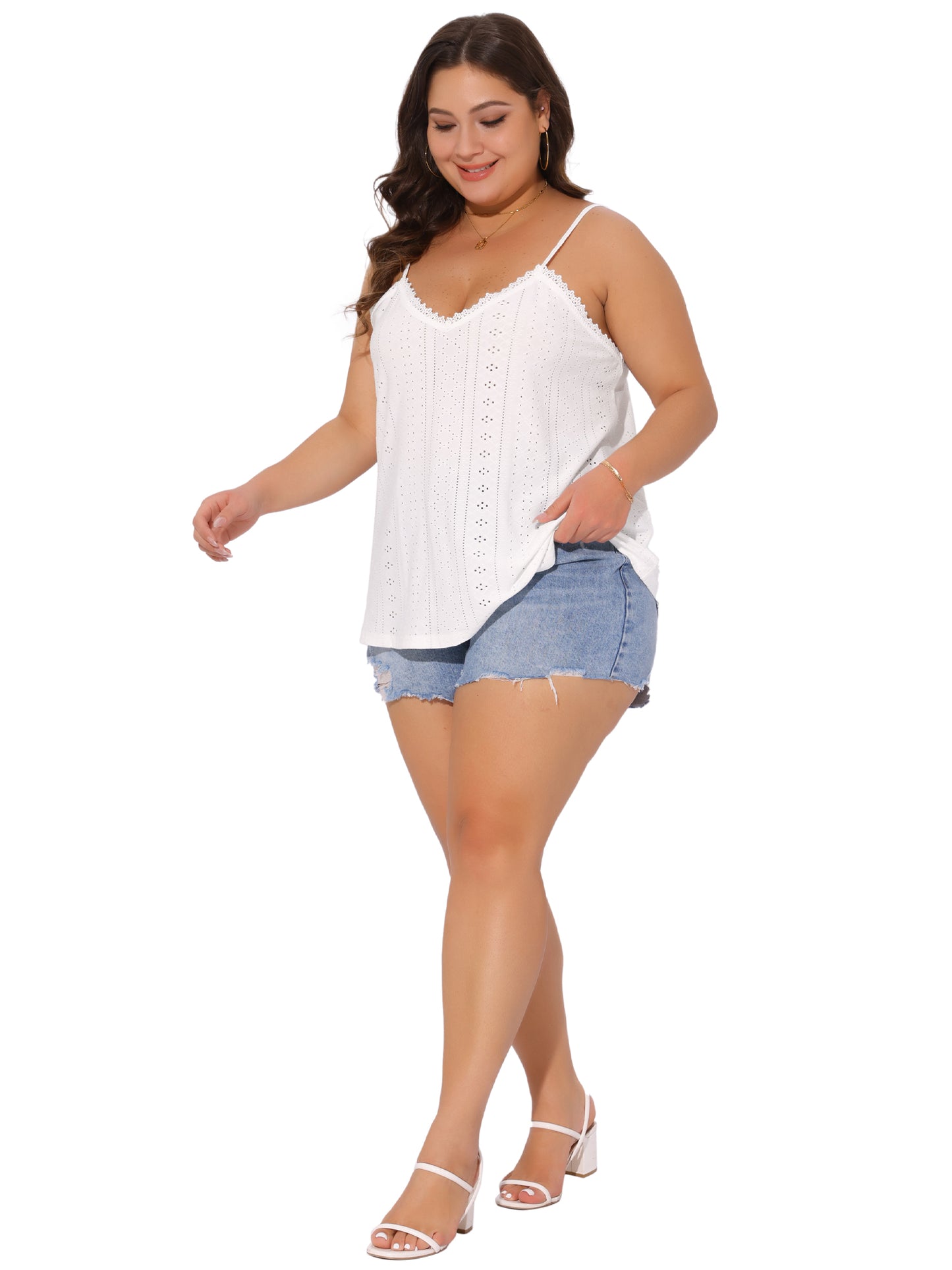 Women's Plus Size Summer Eyelet Jersey Cami V Neck Casual Sleeveless Hollow Basic Camisole Top