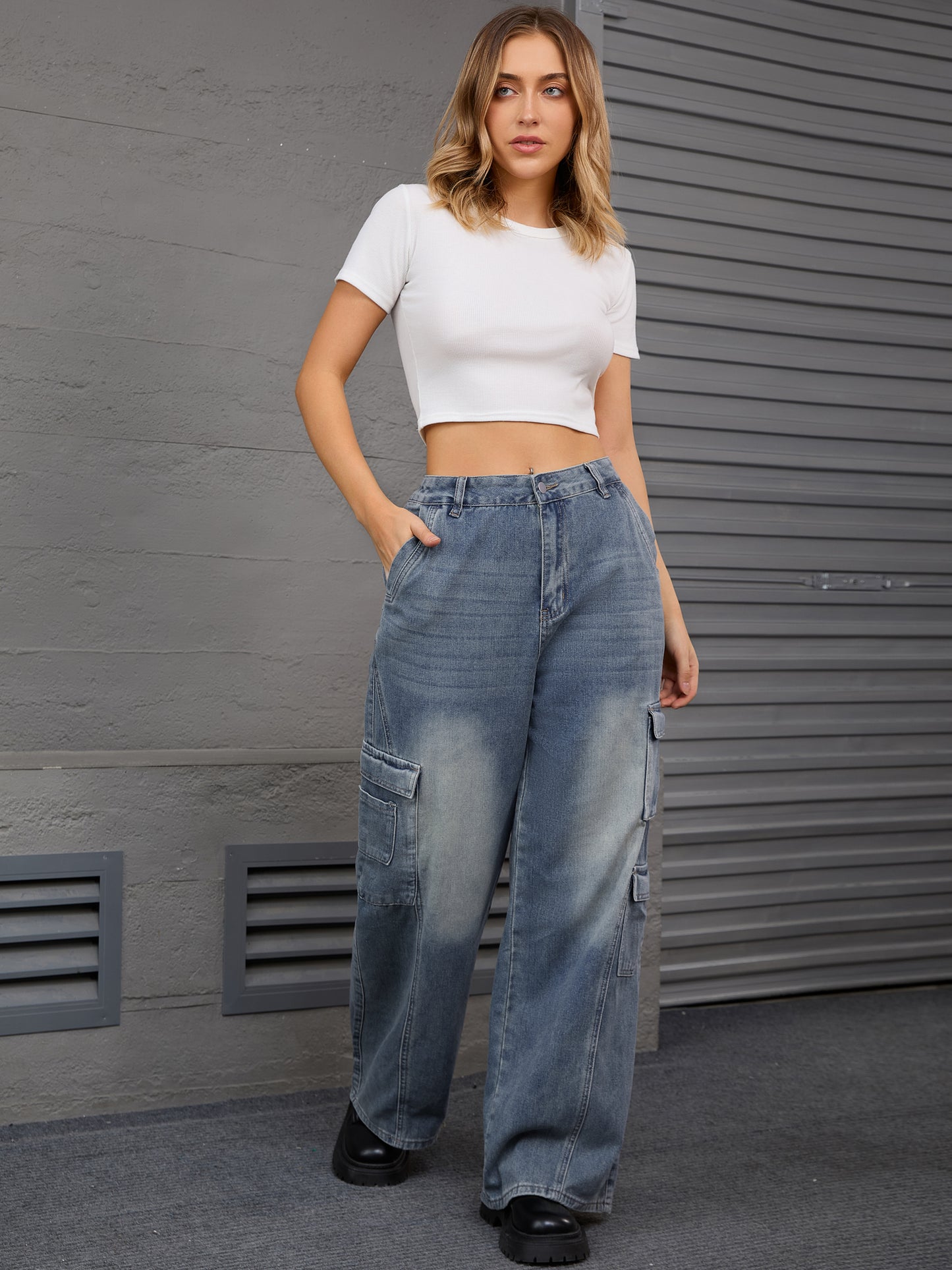 Women's Baggy Jeans Straight Leg High Waist Multi-Pocket Buttoned Loose Casual Cargo Denim Pants Streetwear