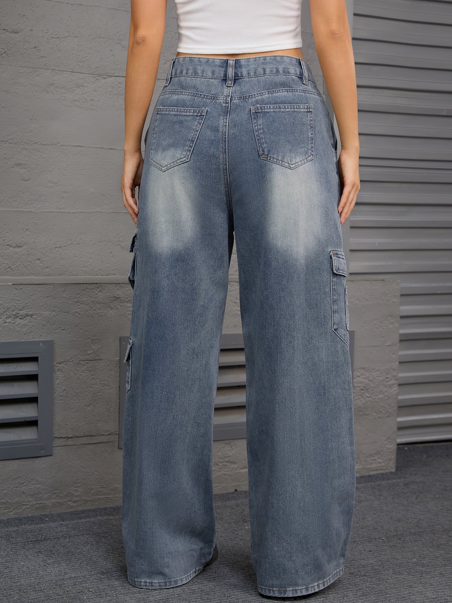 Women's Baggy Jeans Straight Leg High Waist Multi-Pocket Buttoned Loose Casual Cargo Denim Pants Streetwear