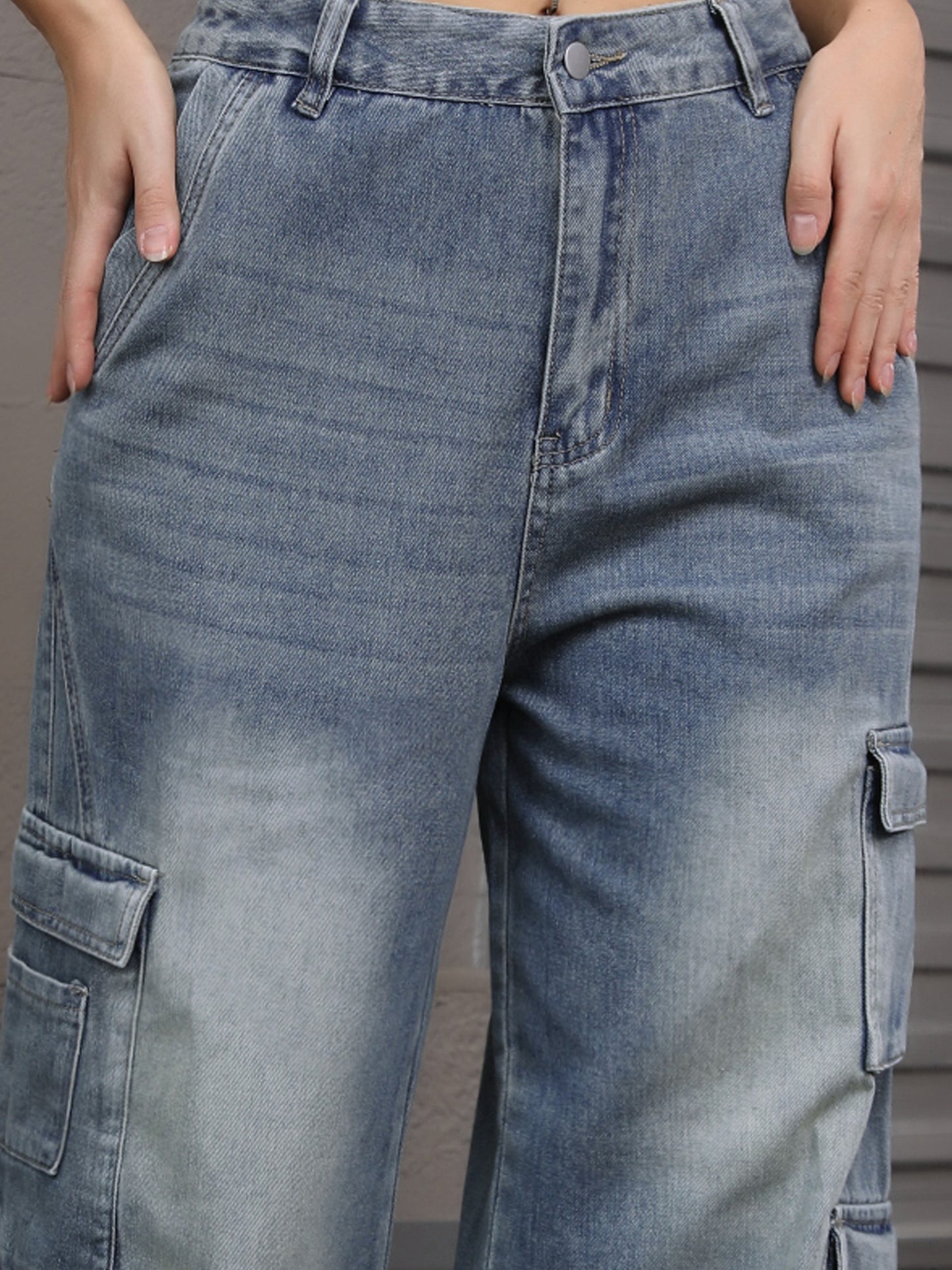 Women's Baggy Jeans Straight Leg High Waist Multi-Pocket Buttoned Loose Casual Cargo Denim Pants Streetwear