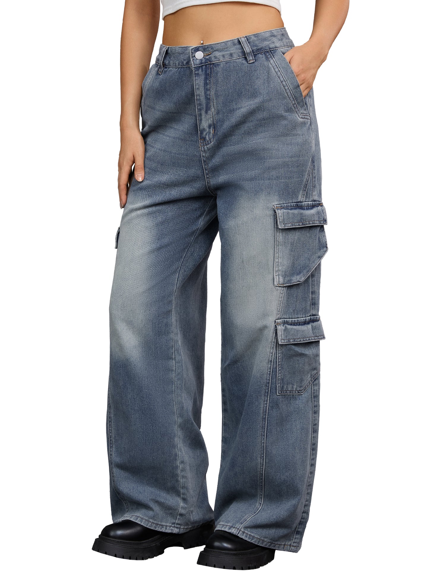 Women's Baggy Jeans Straight Leg High Waist Multi-Pocket Buttoned Loose Casual Cargo Denim Pants Streetwear