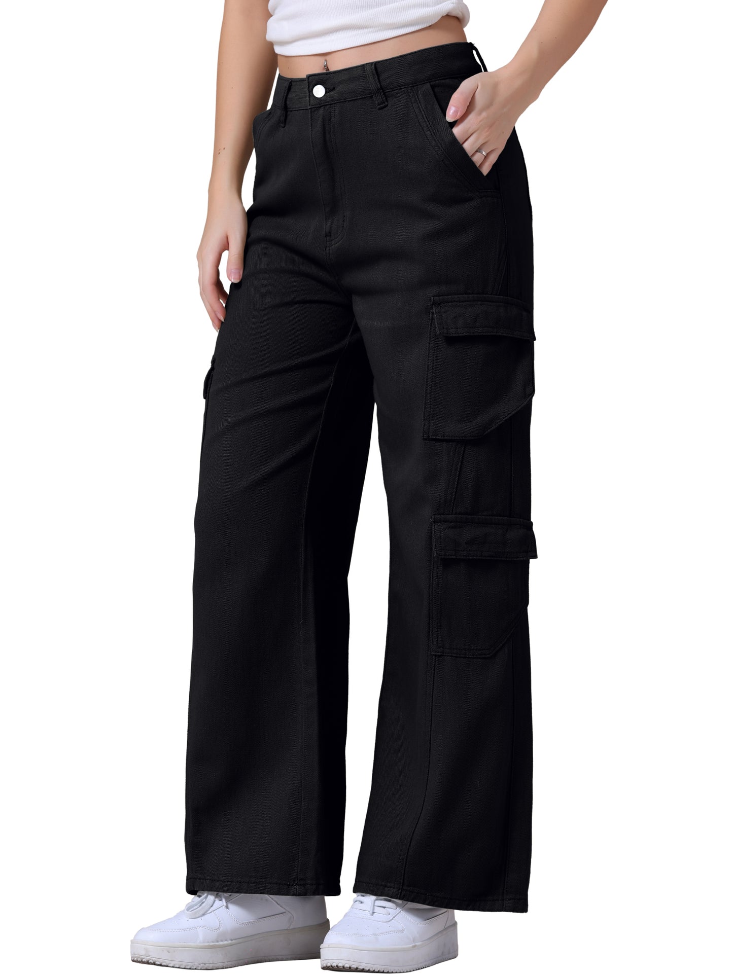 Pantalones vaqueros holgados para mujer, de pierna recta, cintura alta, con múltiples bolsillos, abotonados, sueltos, informales, estilo cargo, ropa de calle