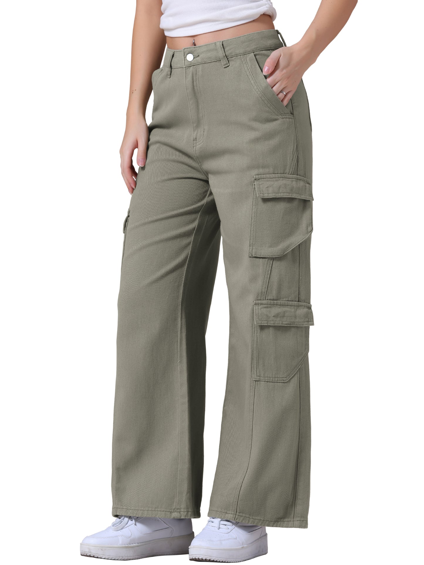 Pantalones vaqueros holgados para mujer, de pierna recta, cintura alta, con múltiples bolsillos, abotonados, sueltos, informales, estilo cargo, ropa de calle