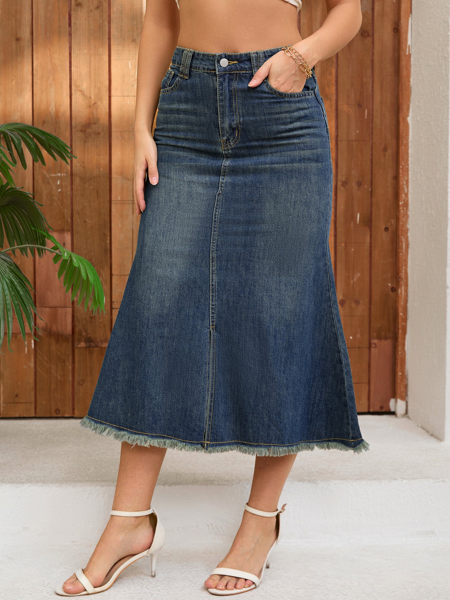 Women's High Waisted A-Line Fishtail Denim Maxi Skirt with Slit