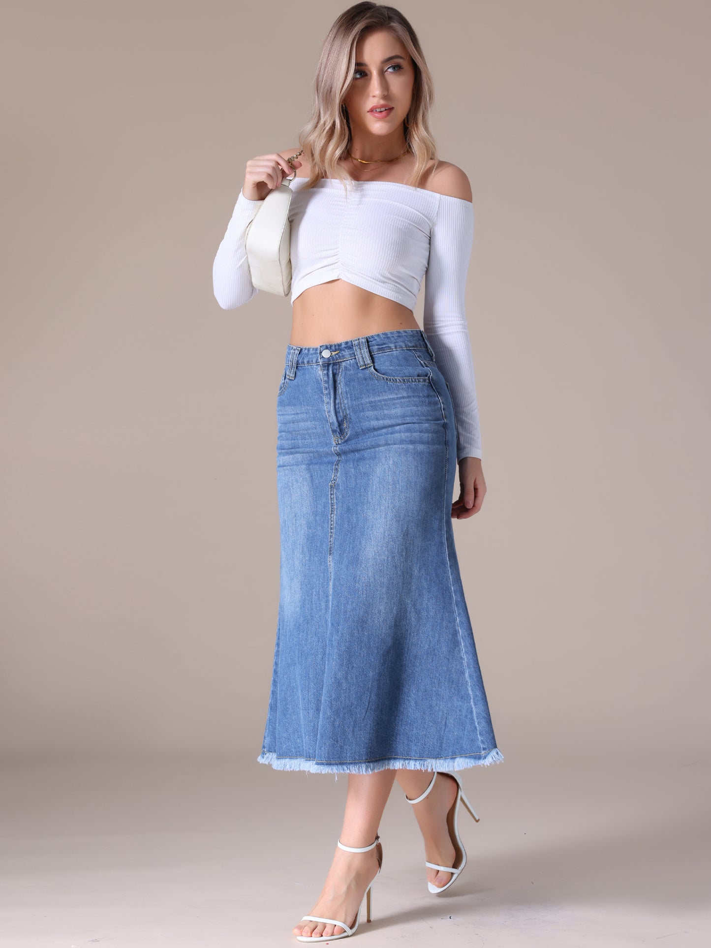 Women's High Waisted A-Line Fishtail Denim Maxi Skirt with Slit