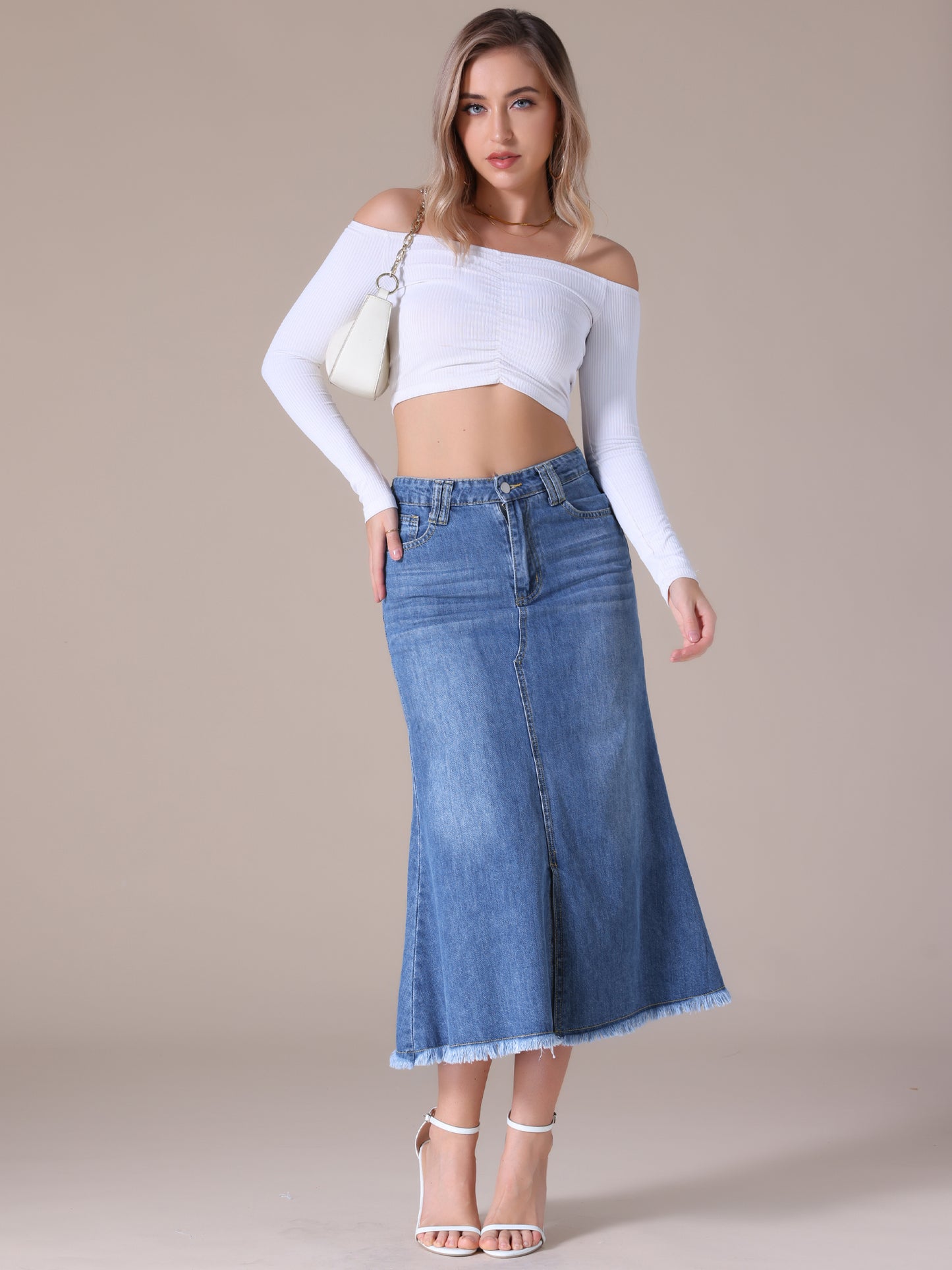 Women's High Waisted A-Line Fishtail Denim Maxi Skirt with Slit