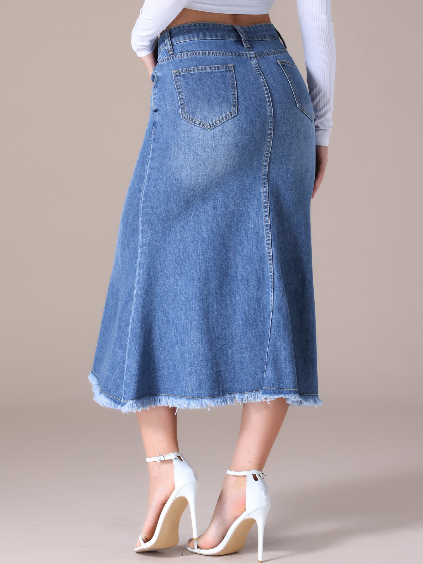 Women's High Waisted A-Line Fishtail Denim Maxi Skirt with Slit