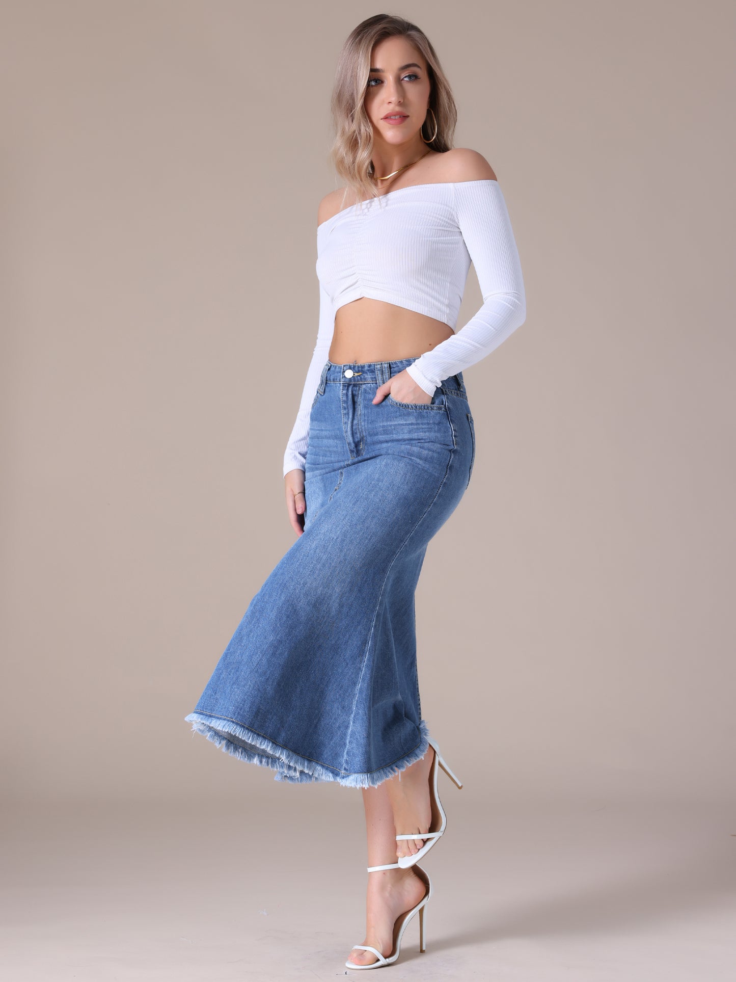 Women's High Waisted A-Line Fishtail Denim Maxi Skirt with Slit