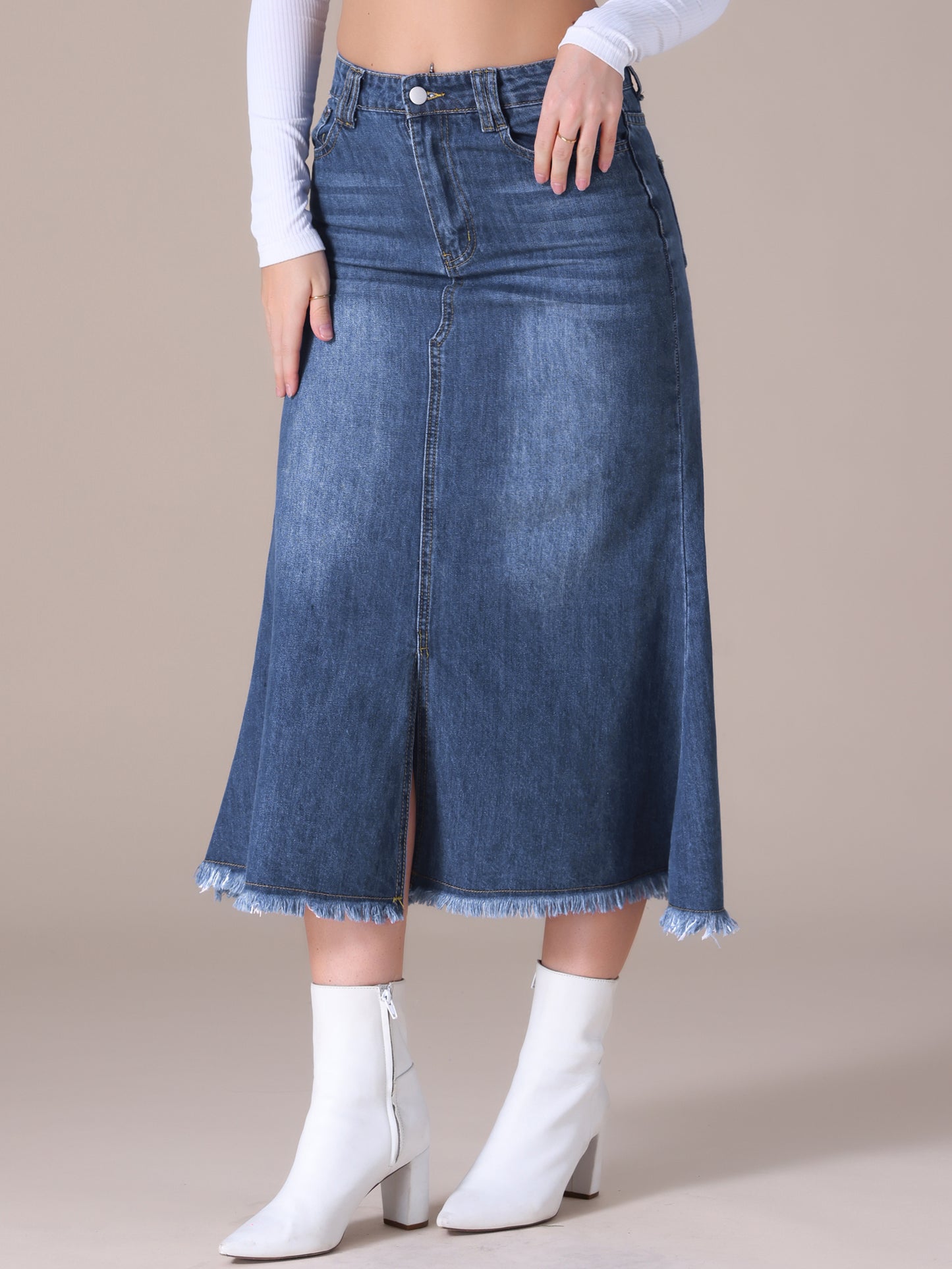 Women's High Waisted A-Line Fishtail Denim Maxi Skirt with Slit