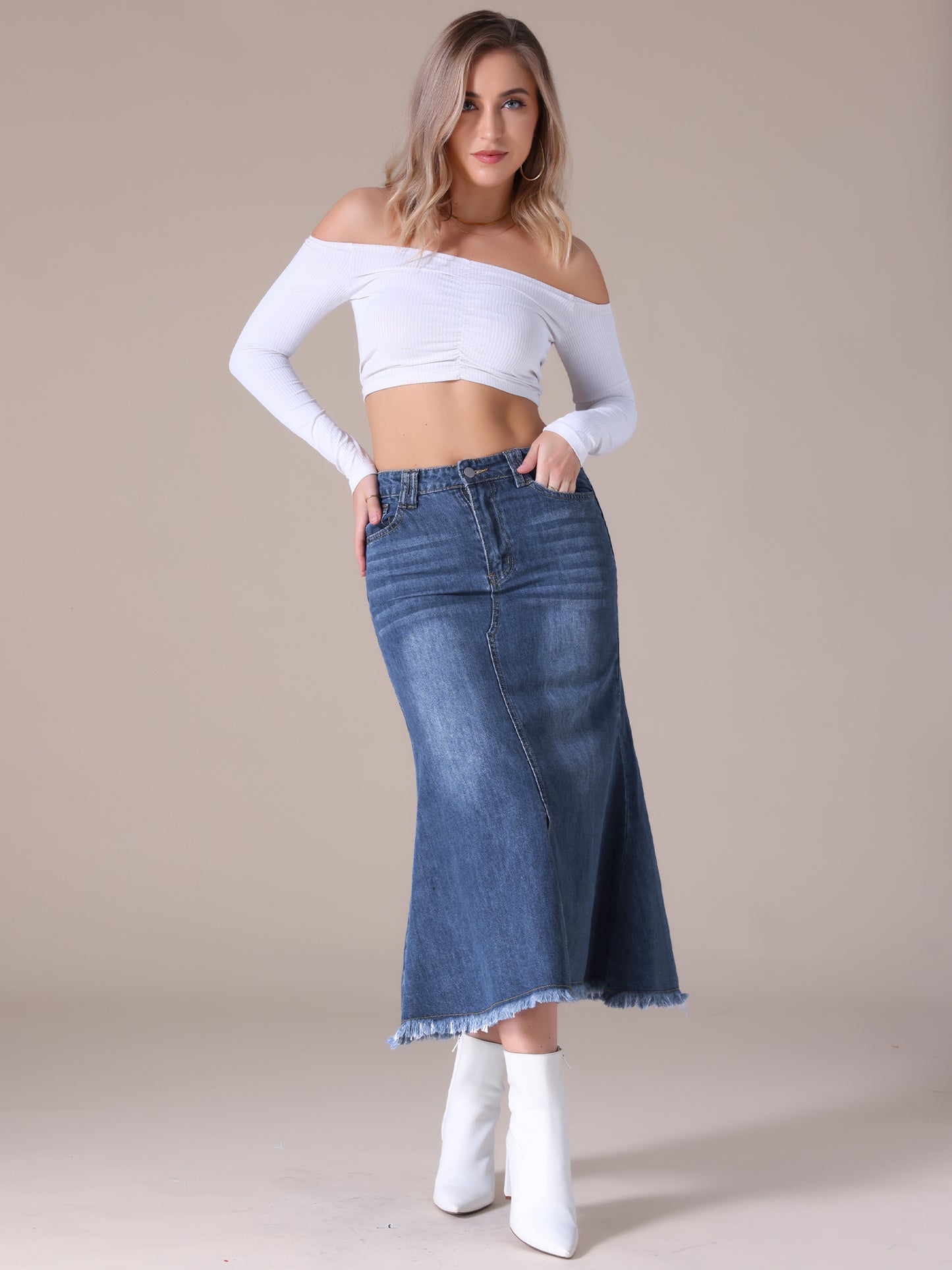 Women's High Waisted A-Line Fishtail Denim Maxi Skirt with Slit