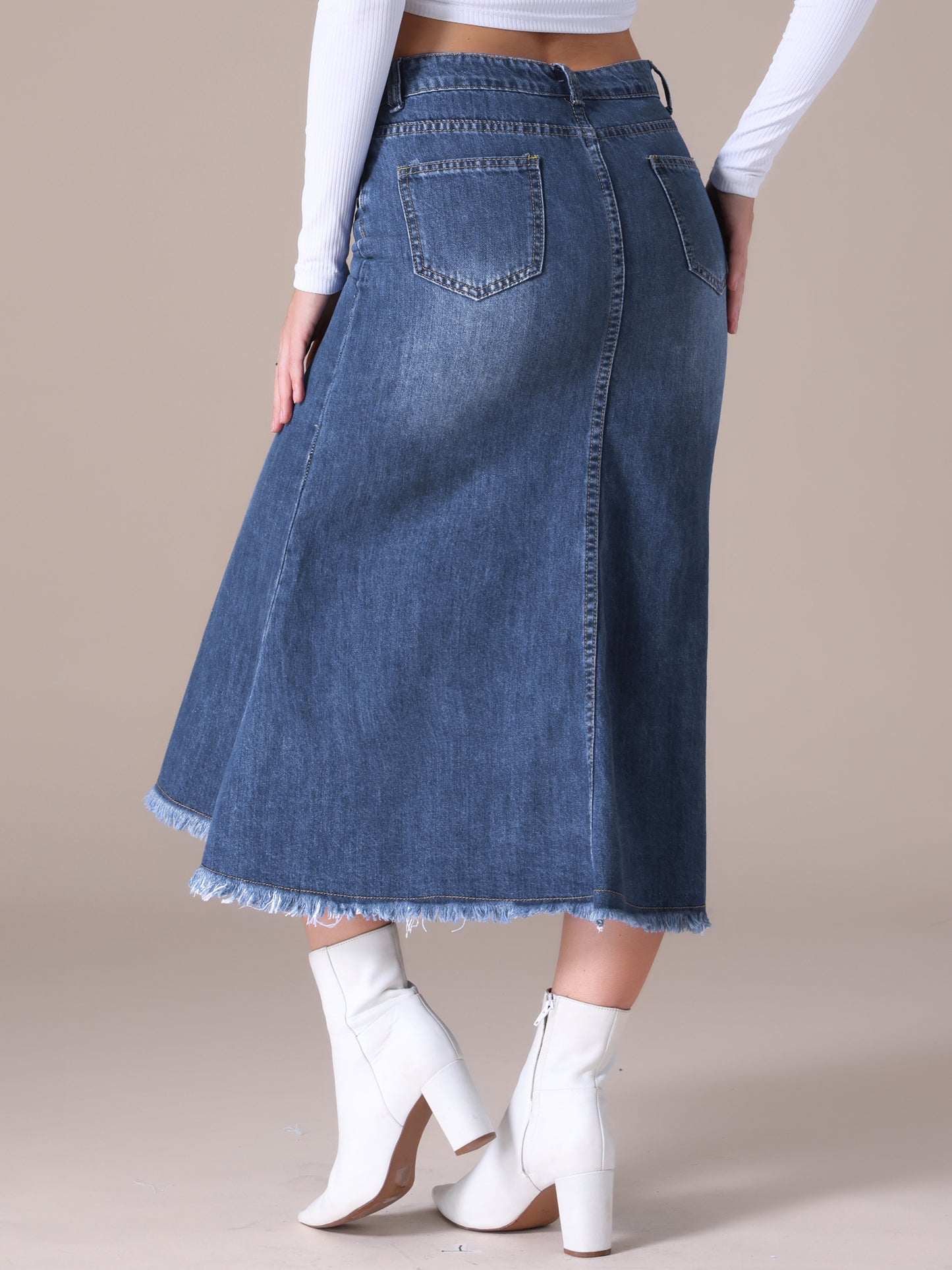 Women's High Waisted A-Line Fishtail Denim Maxi Skirt with Slit