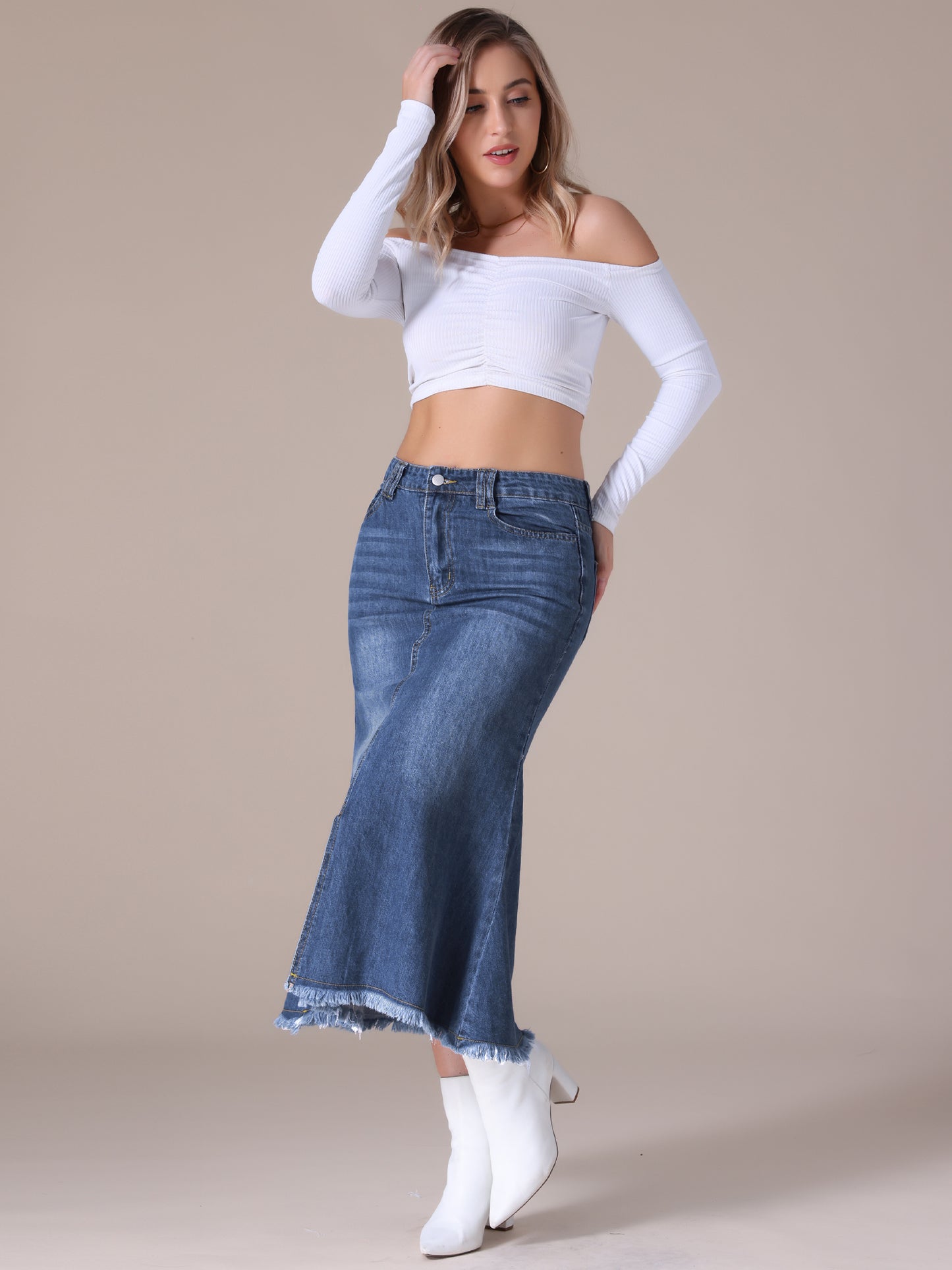 Women's High Waisted A-Line Fishtail Denim Maxi Skirt with Slit