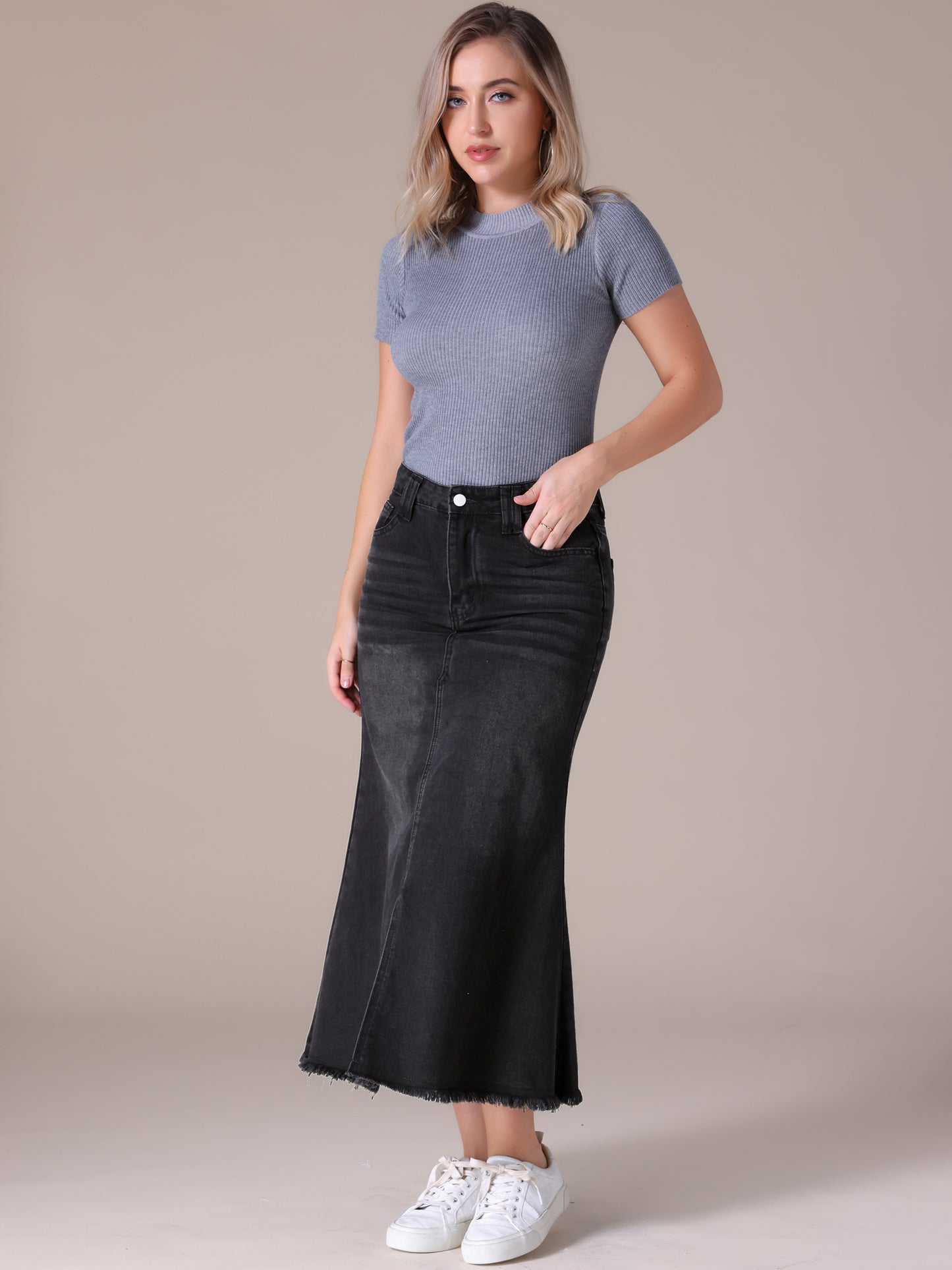 Women's High Waisted A-Line Fishtail Denim Maxi Skirt with Slit