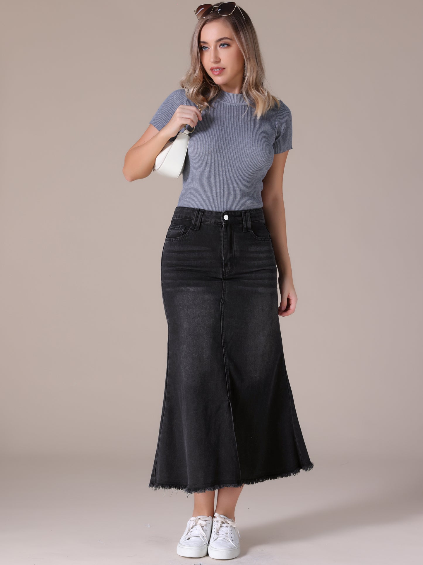 Women's High Waisted A-Line Fishtail Denim Maxi Skirt with Slit