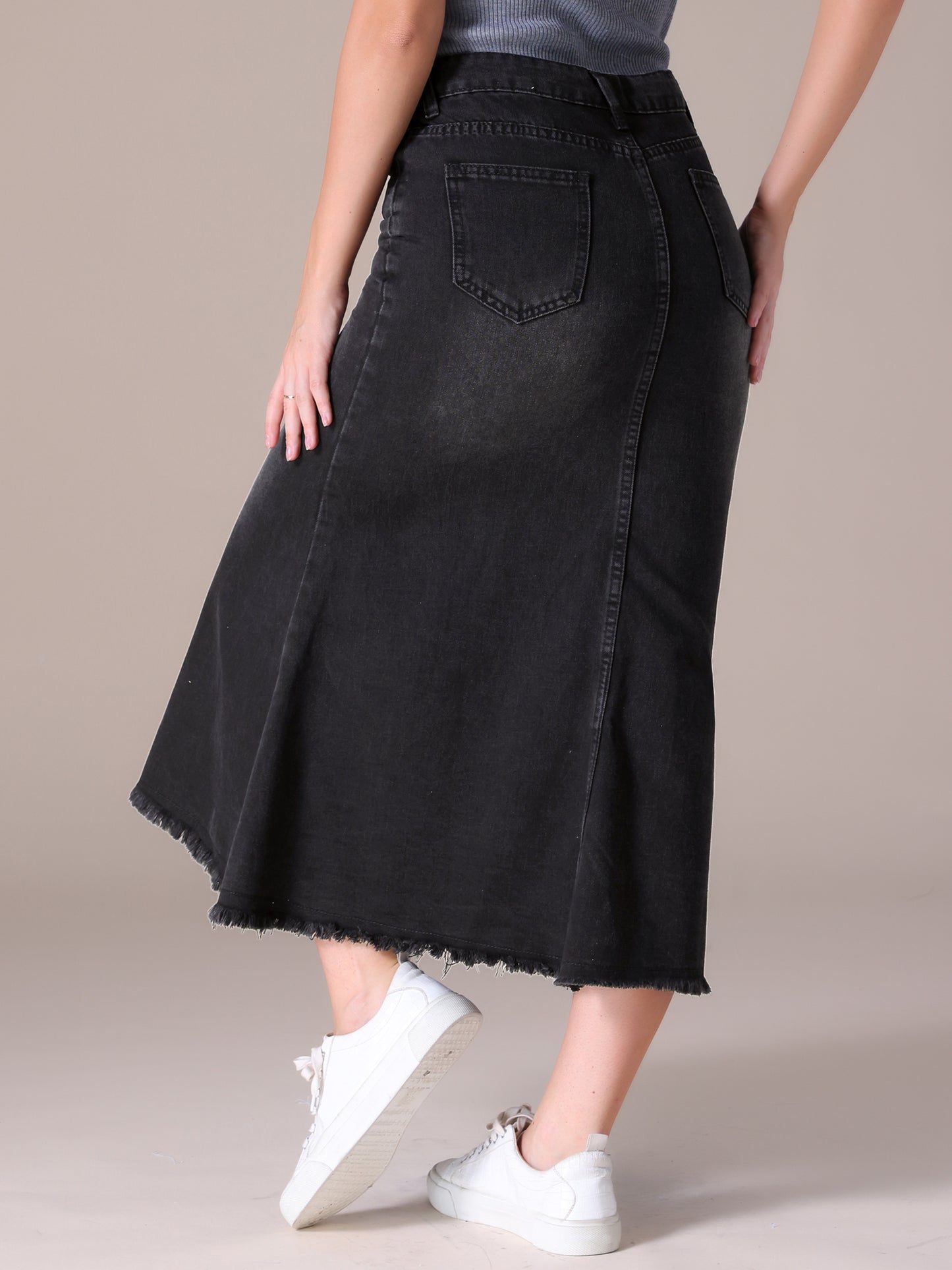 Women's High Waisted A-Line Fishtail Denim Maxi Skirt with Slit