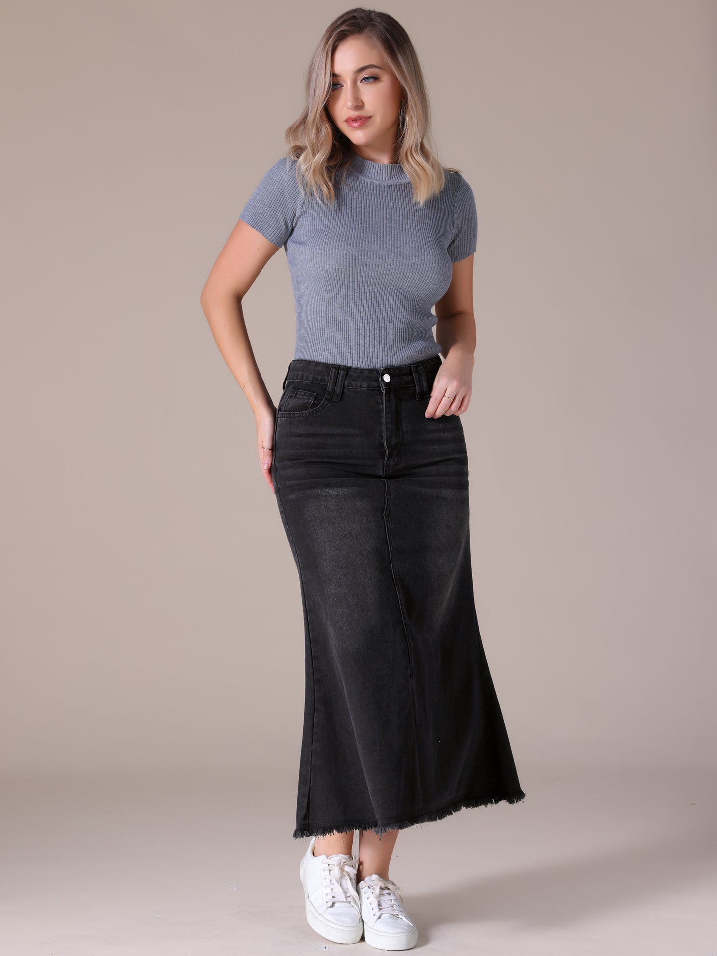 Women's High Waisted A-Line Fishtail Denim Maxi Skirt with Slit