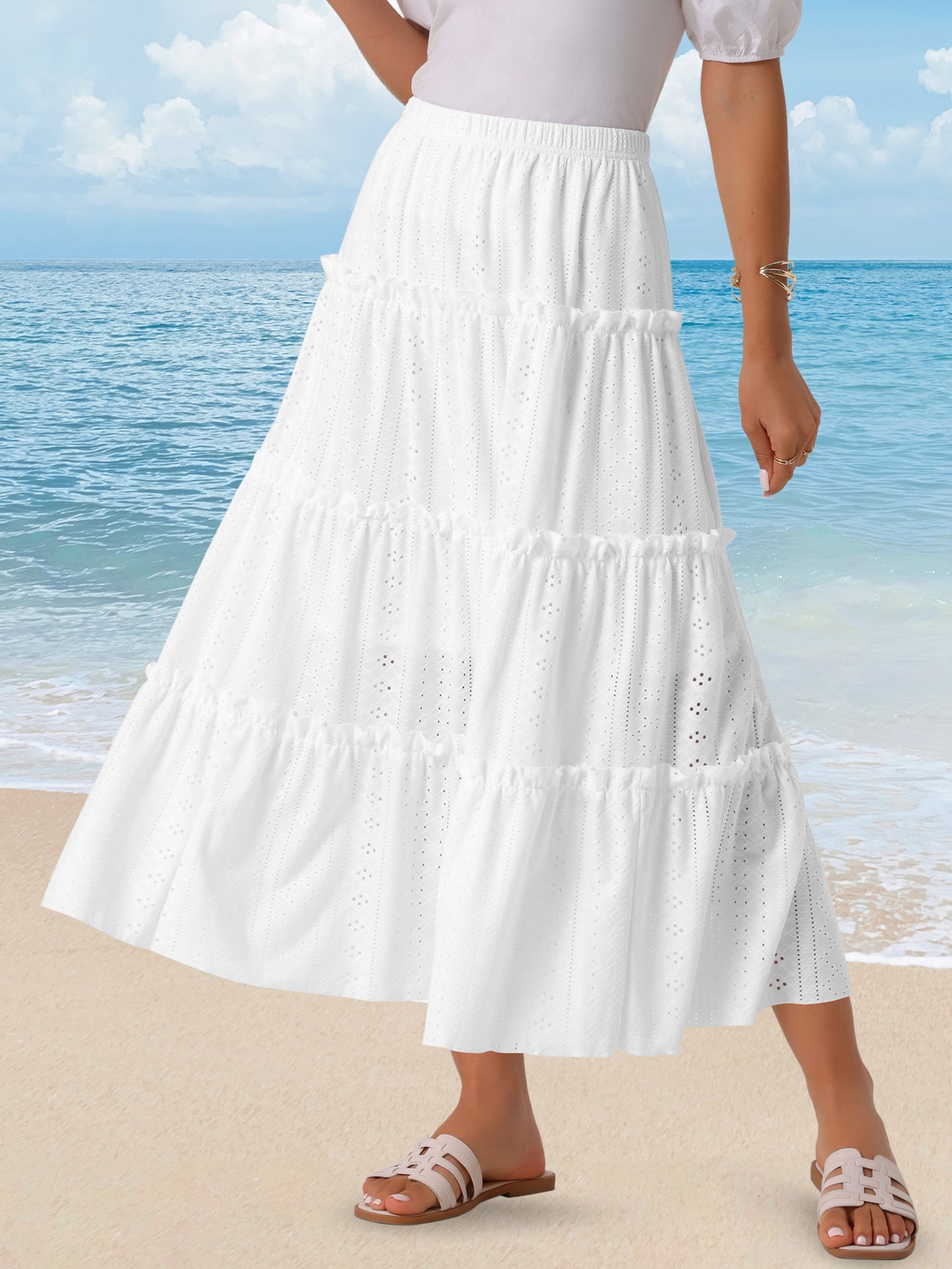 Women's Elastic Waist Tiered A Line Eyelet Ruffle Boho Long Summer Maxi Skirt
