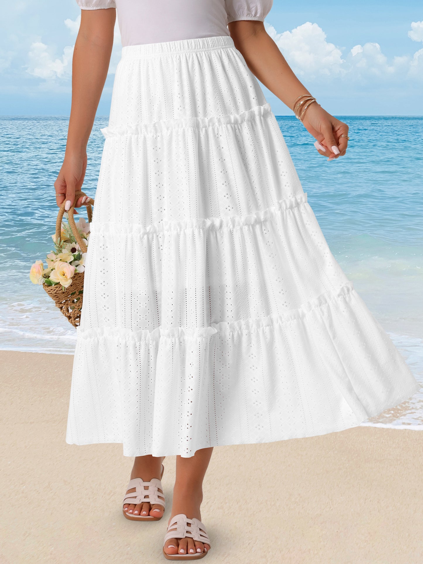Women's Elastic Waist Tiered A Line Eyelet Ruffle Boho Long Summer Maxi Skirt