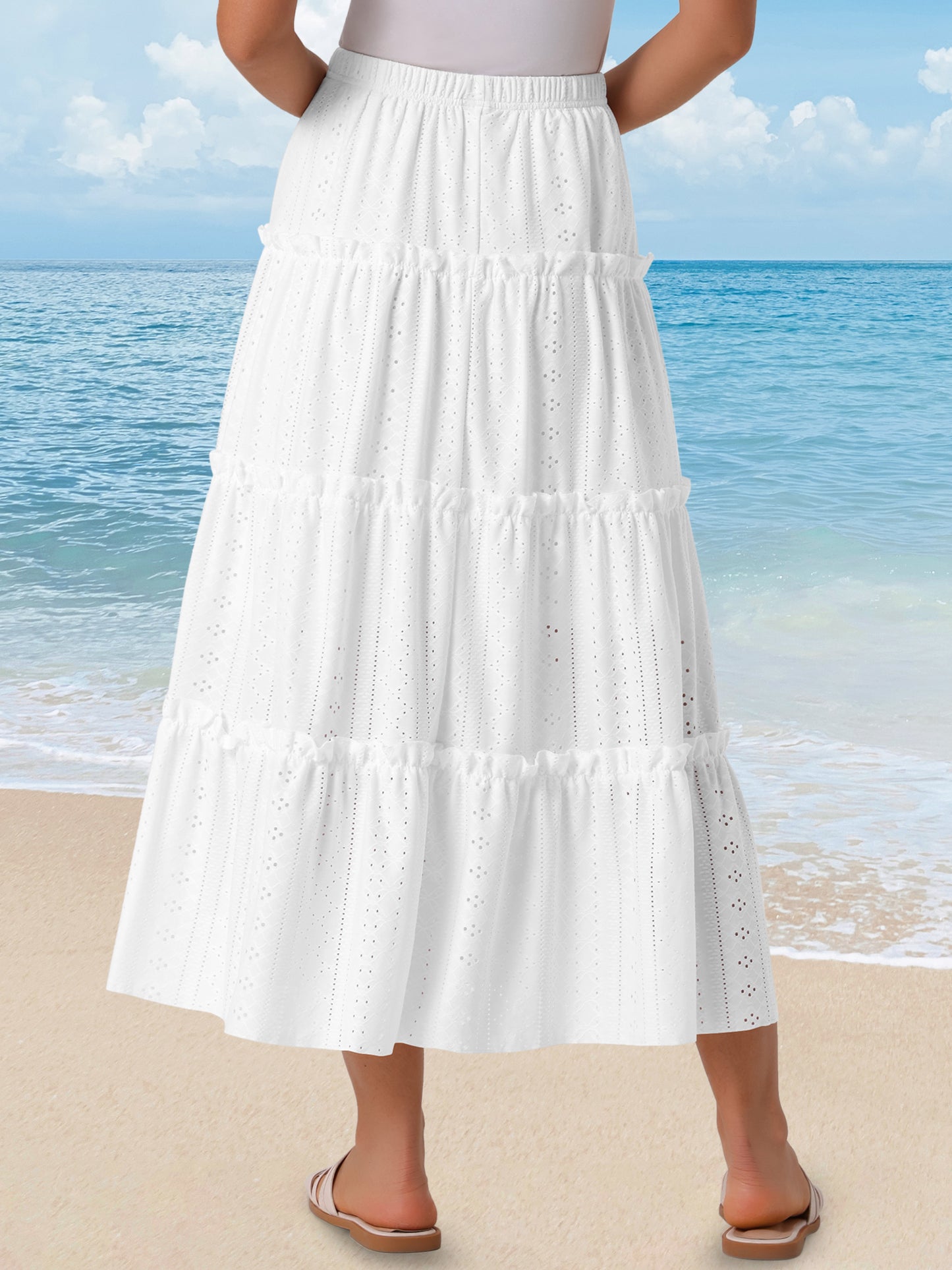 Women's Elastic Waist Tiered A Line Eyelet Ruffle Boho Long Summer Maxi Skirt