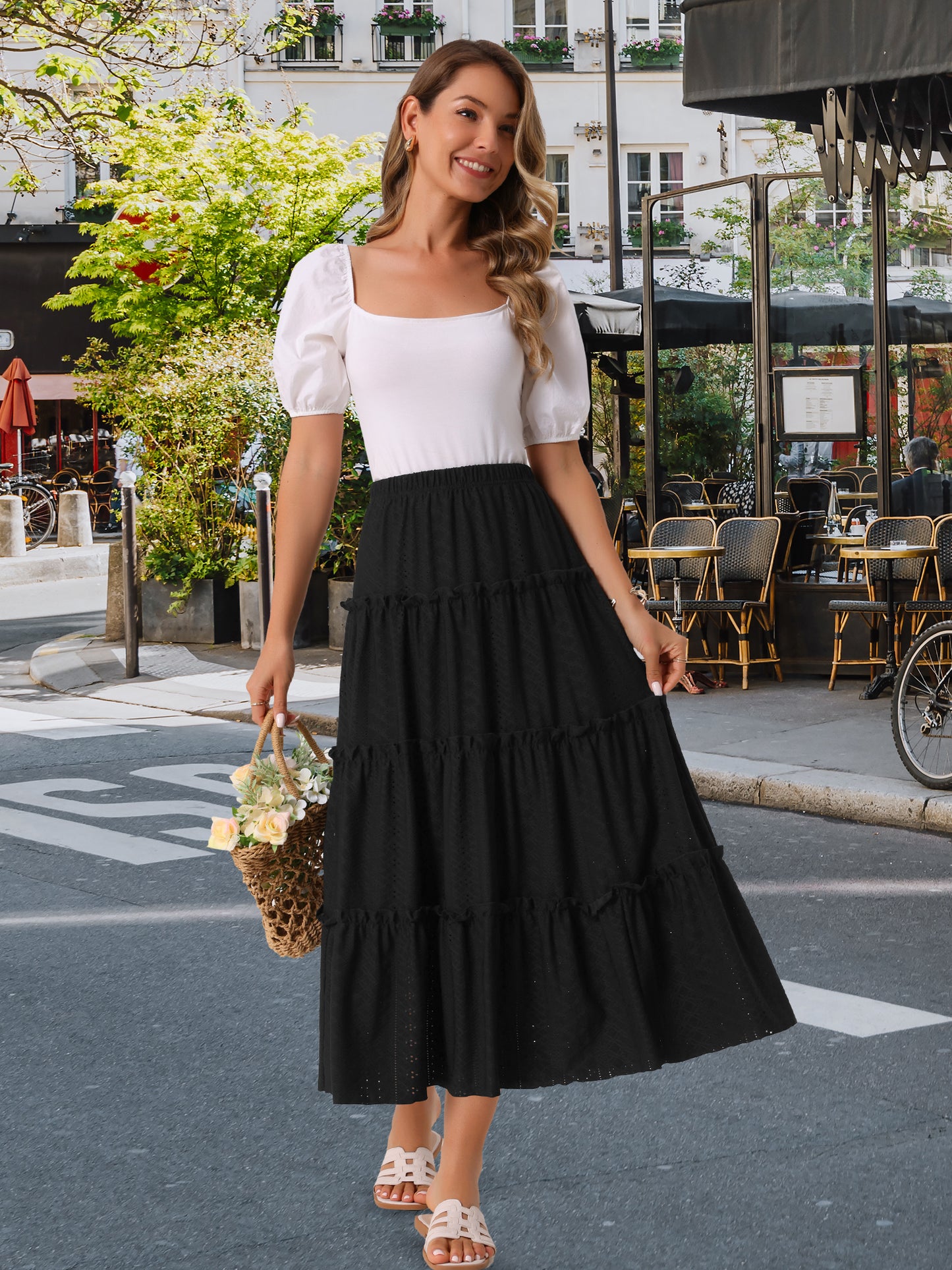 Women's Elastic Waist Tiered A Line Eyelet Ruffle Boho Long Summer Maxi Skirt