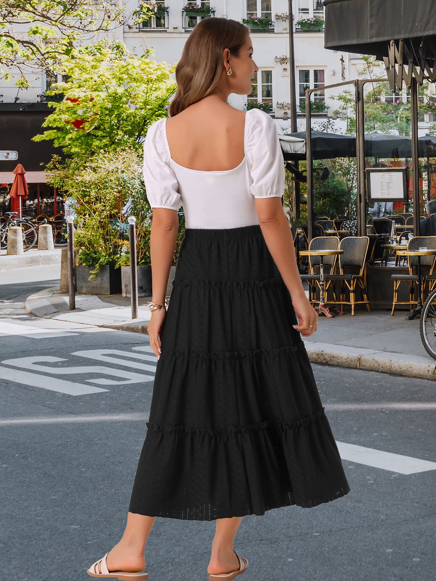 Women's Elastic Waist Tiered A Line Eyelet Ruffle Boho Long Summer Maxi Skirt