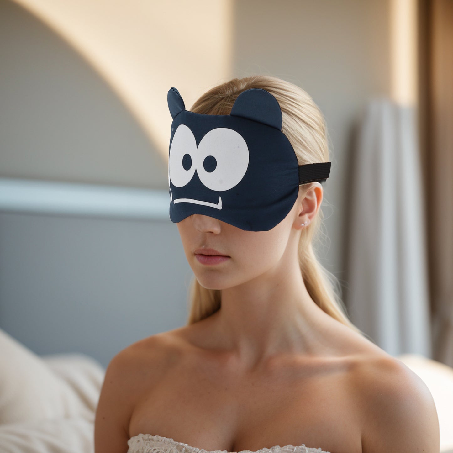 Soft Cartoon Frightened Sleep Mask for Travel Navy Blue