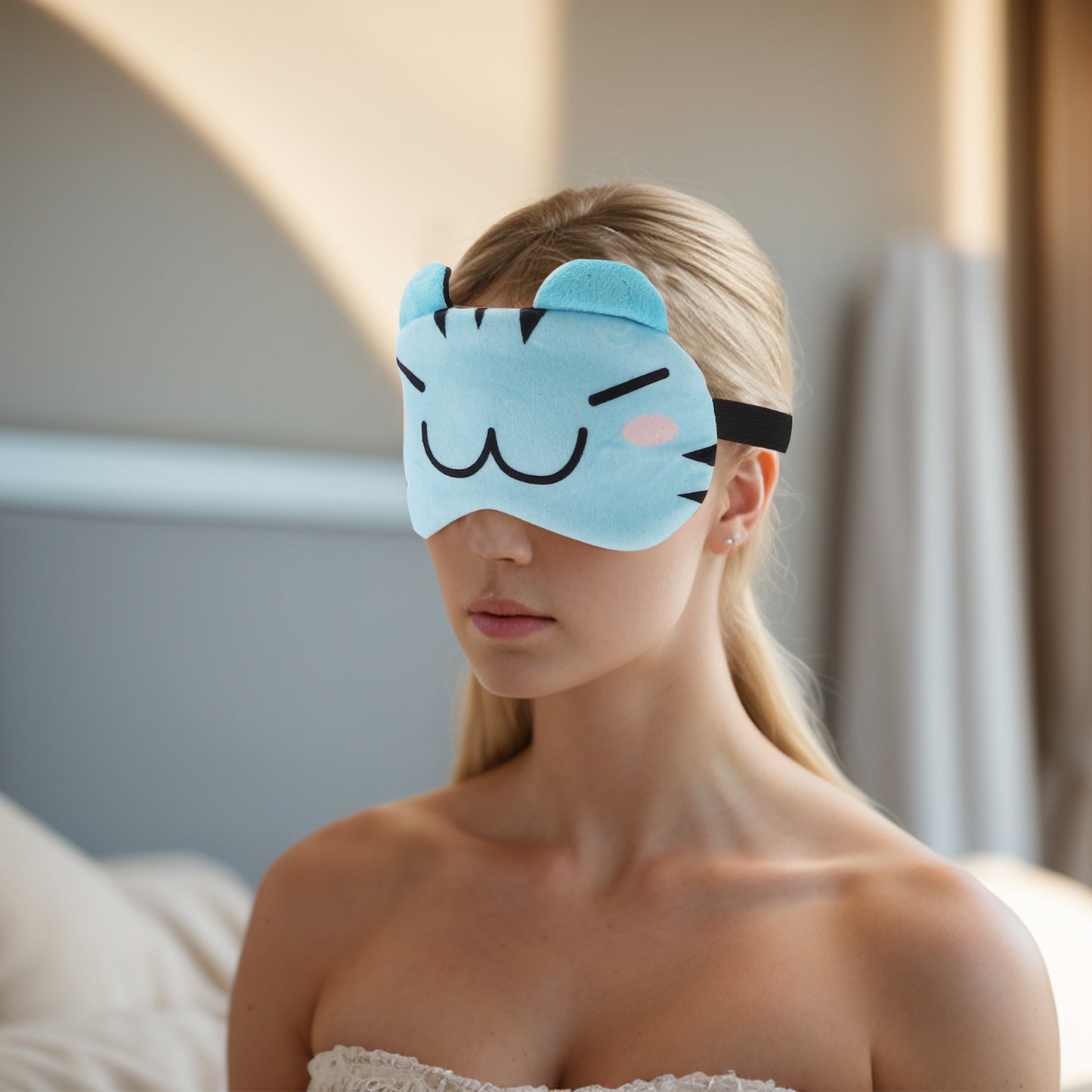 Soft Cartoon W-Mouth Sleep Mask Eye Shade Cover for Travel Light Blue