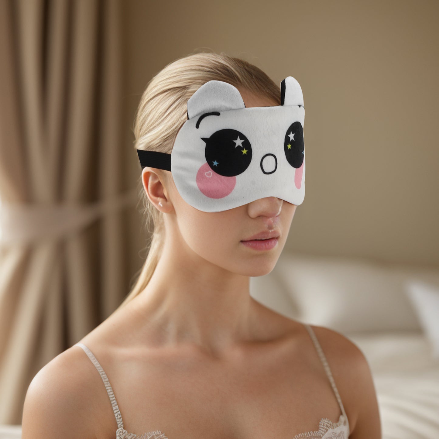Soft Cartoon O-Mouth Sleep Mask Eye Shade Cover for Travel Beige White