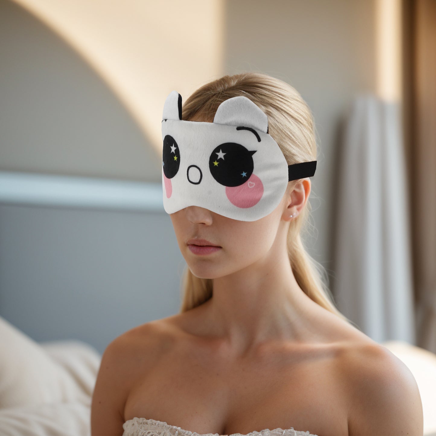 Soft Cartoon O-Mouth Sleep Mask Eye Shade Cover for Travel Beige White