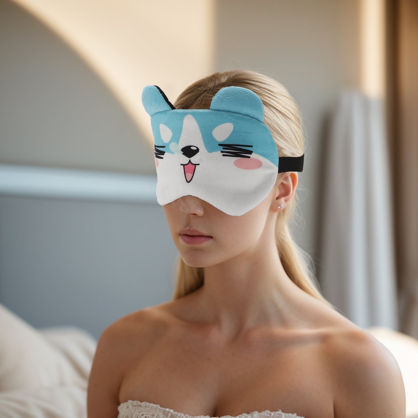 Soft Cartoon Squinting Eyes Sleep Eye Mask for Travel Blue White