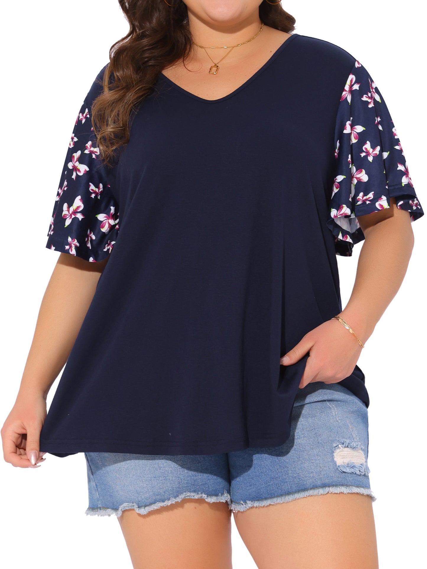 Women's Plus Size T Shirt Top V Neck Floral Flutter Short Sleeve Summer Blouse Top