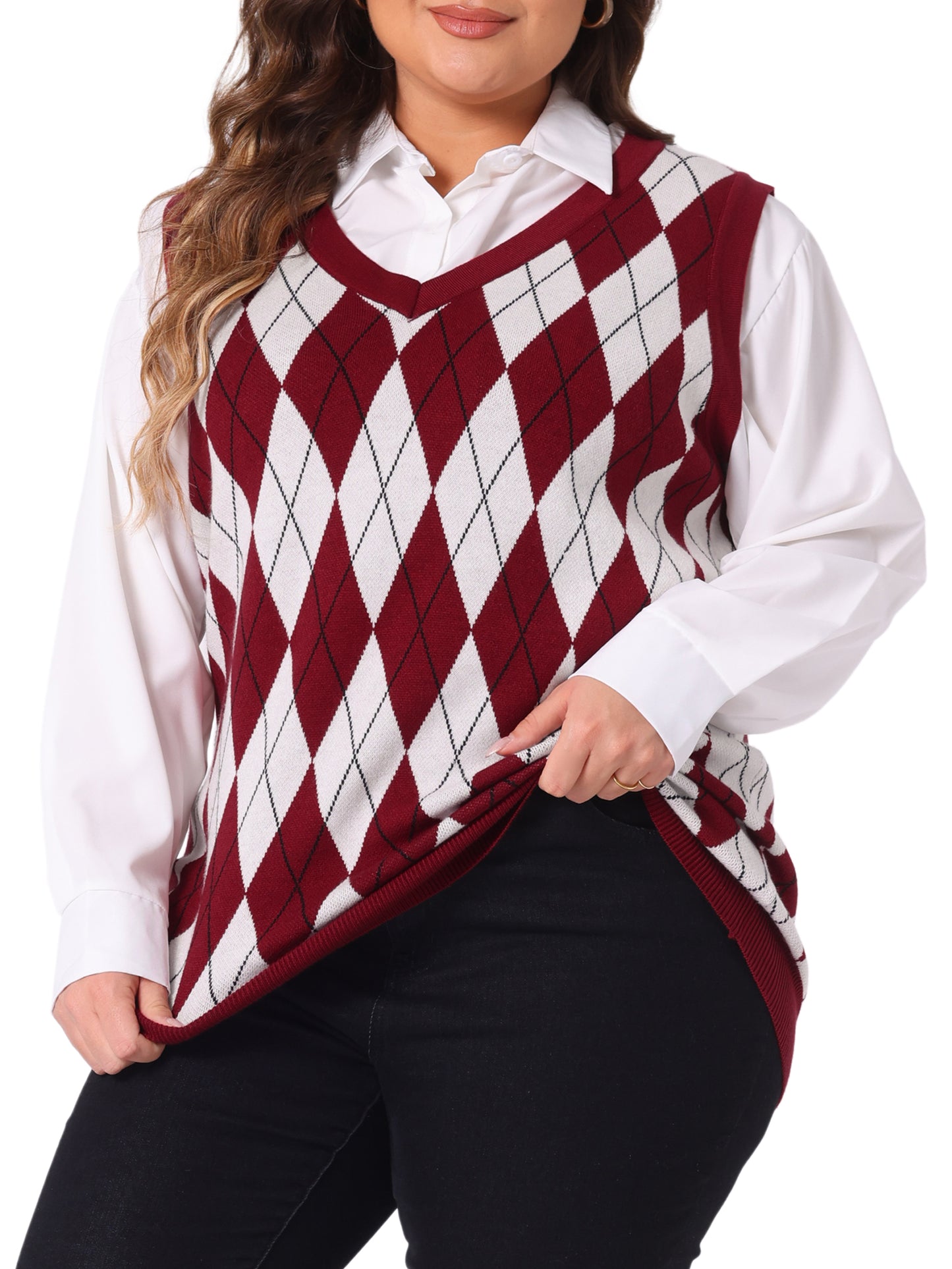 Women Plus Size Sweater Vest Plaid Cable Knit Sleeveless Pullover Crop Top Sweater Vest