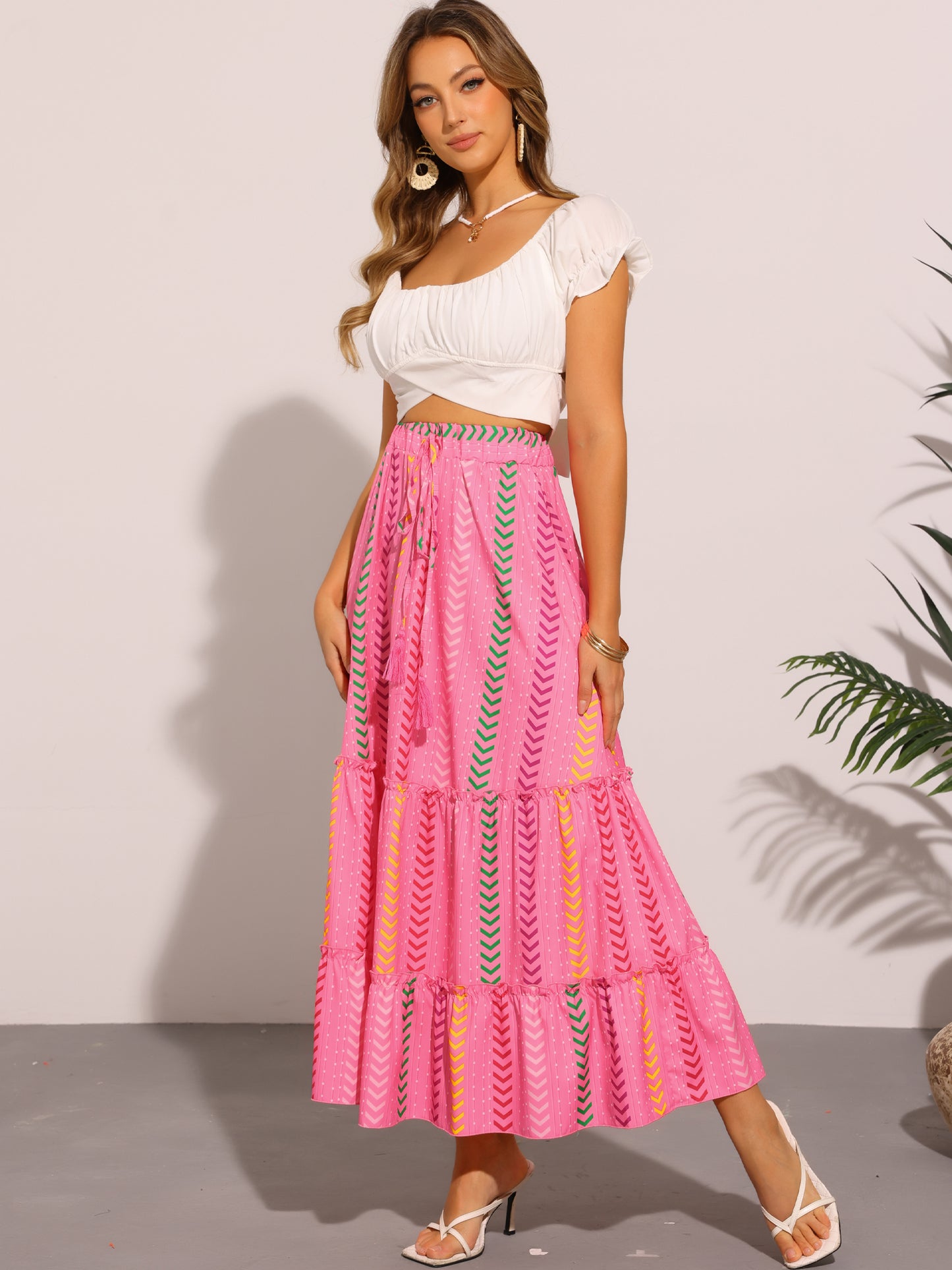 Women's Boho Tassels Straps Flowy Tiered Pleated Maxi Skirt