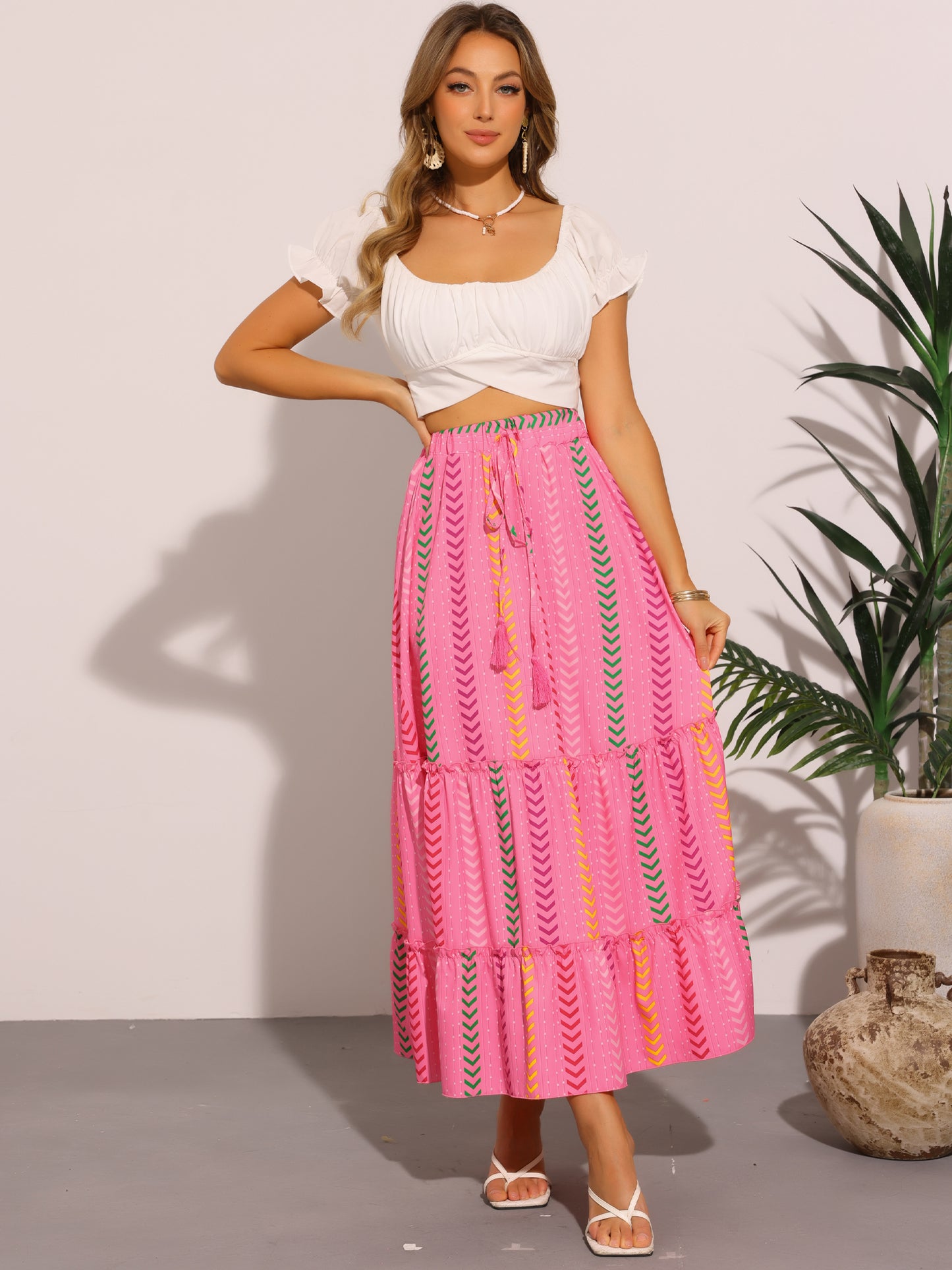 Women's Boho Tassels Straps Flowy Tiered Pleated Maxi Skirt