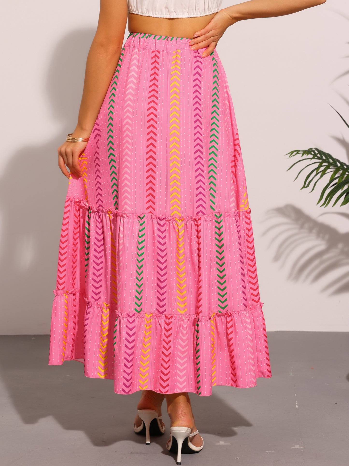 Women's Boho Tassels Straps Flowy Tiered Pleated Maxi Skirt