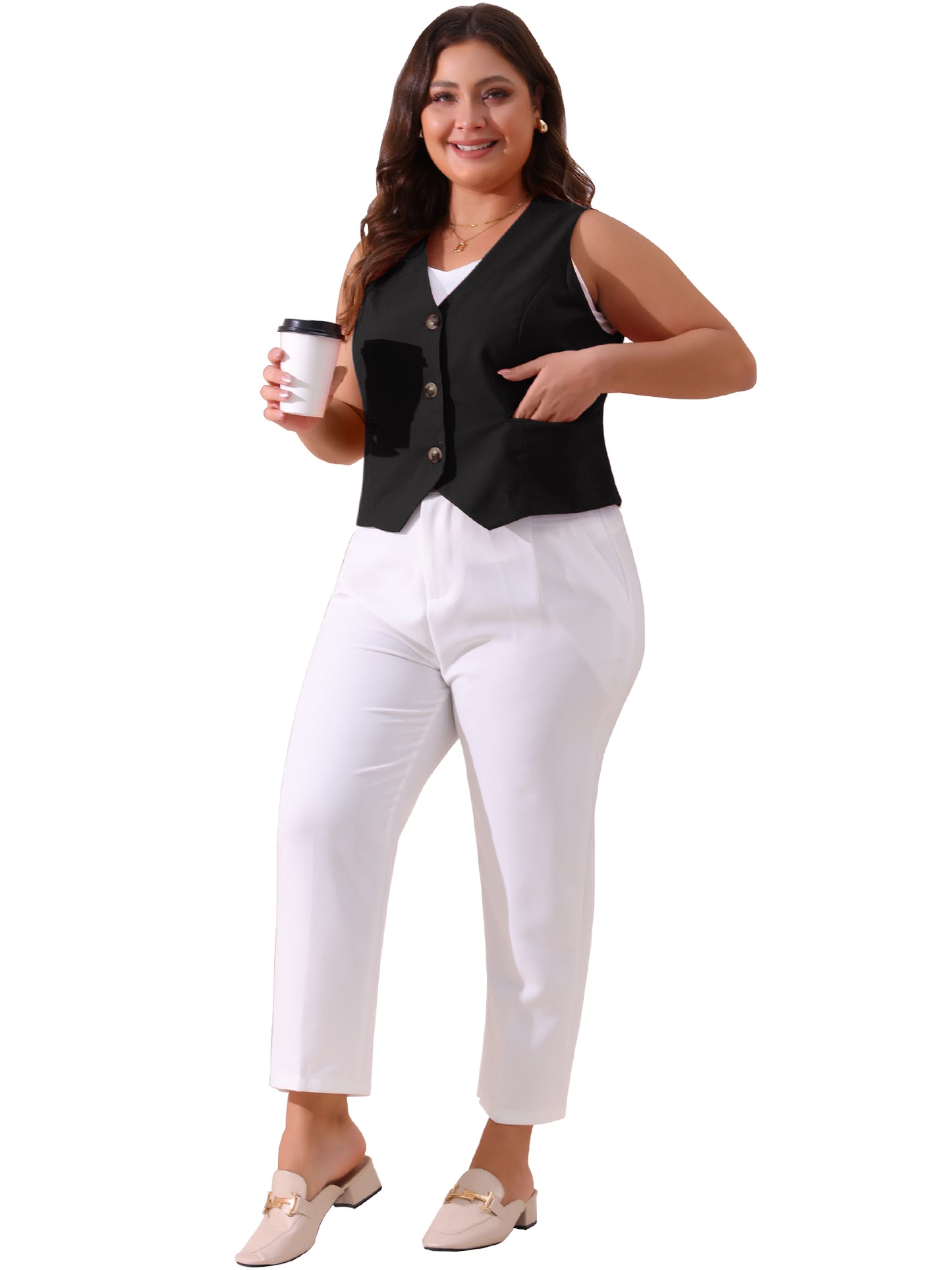 Women Plus Size Linen Vest Sleeveless Lined Waistcoat Vest Top with Pockets