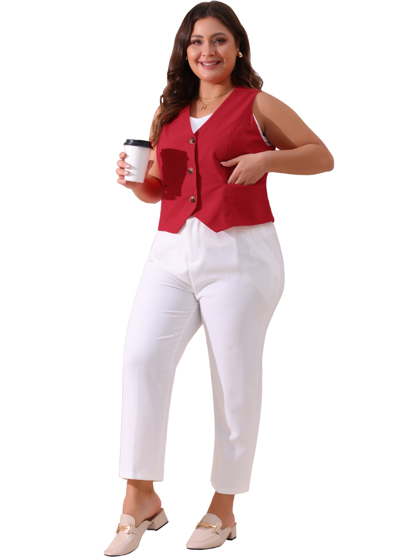 Women Plus Size Linen Vest Sleeveless Lined Waistcoat Vest Top with Pockets